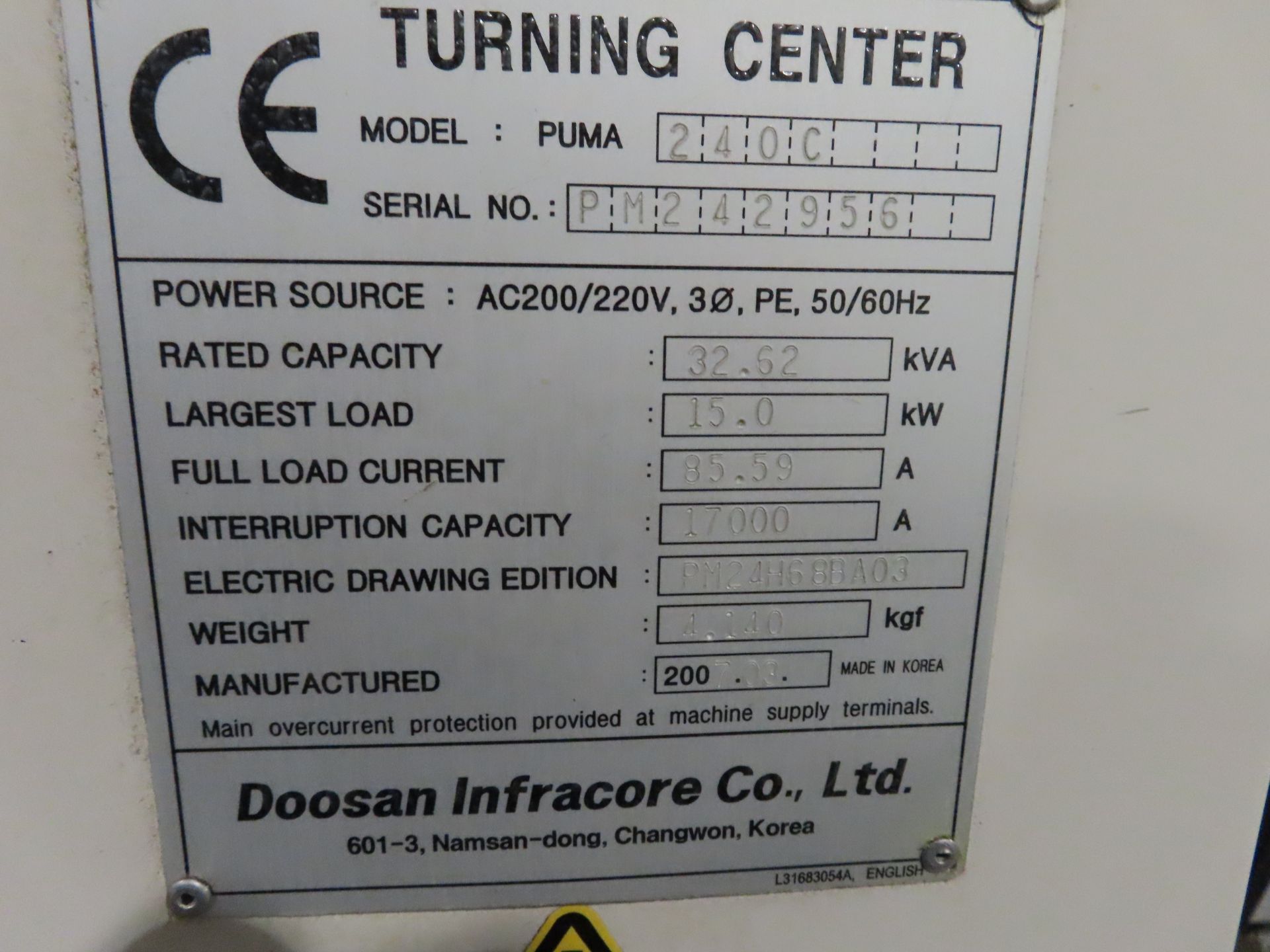 (2007) Doosan mod. PUMA240C, CNC Turning Center, 12-post turret, tailstock,Fanuc 21iTB controls (S/N - Image 9 of 9