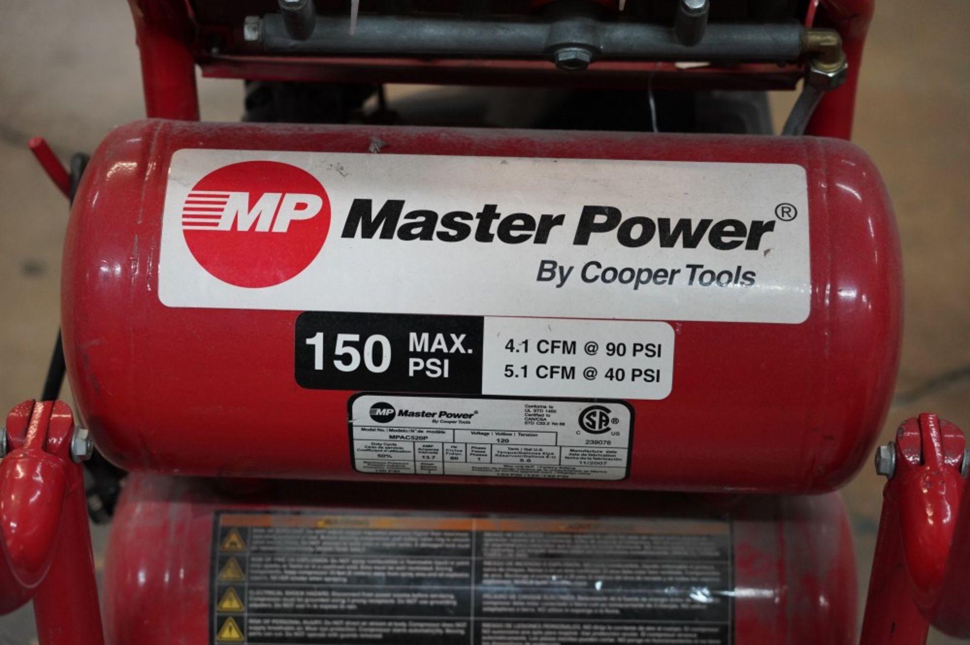 2007 Master Power Horizontal Air Compressor Model MPAC520P, 5 Gallon, 150 Max PSI, 4.1 CFM @ 90 PSI - Image 3 of 7