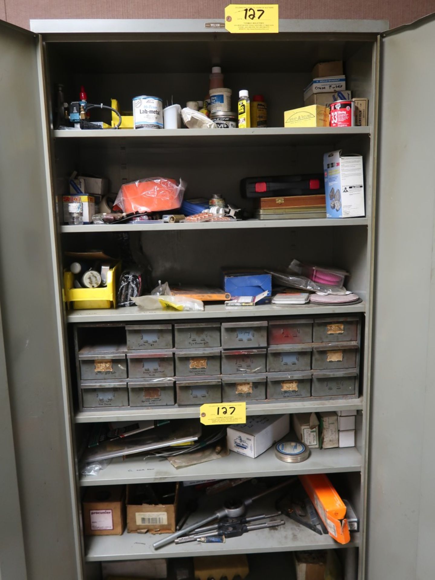Cabinet w/ Contents Including: Assorted Welding Supplies, Welding Tips, Wire, Saw Blade, Etc.