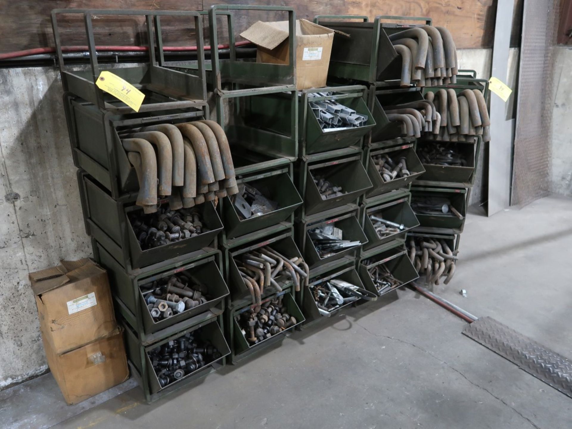 Approx (20) Stackable Parts Bins w/ Contents Including: Heavy Duty Bolts & Rod