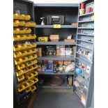 Durham Heavy Dury Cabinet w/ Parts Bins and Contents Incuding: Couplings, Wire Nuts, Beam Clamps,