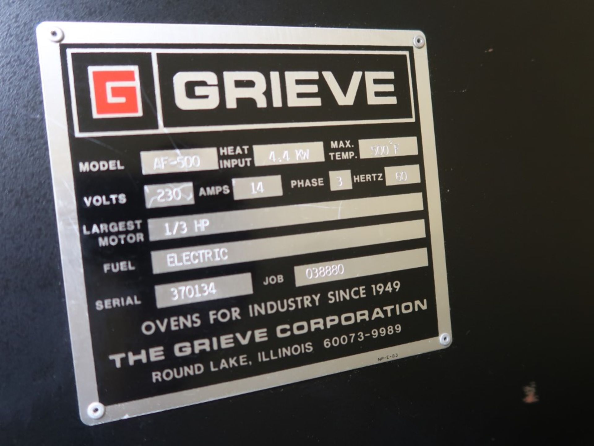 Grieve Electric Oven Model AF-500 S/N 370134 Max Temp 500 Degrees F - Image 5 of 5