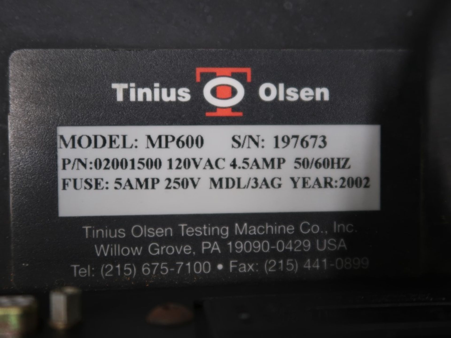 Tinius Olsen Extrusion Plastometer Melt Flow Indexer Model MP600, S/N 197673 w/ Weights - Image 8 of 8