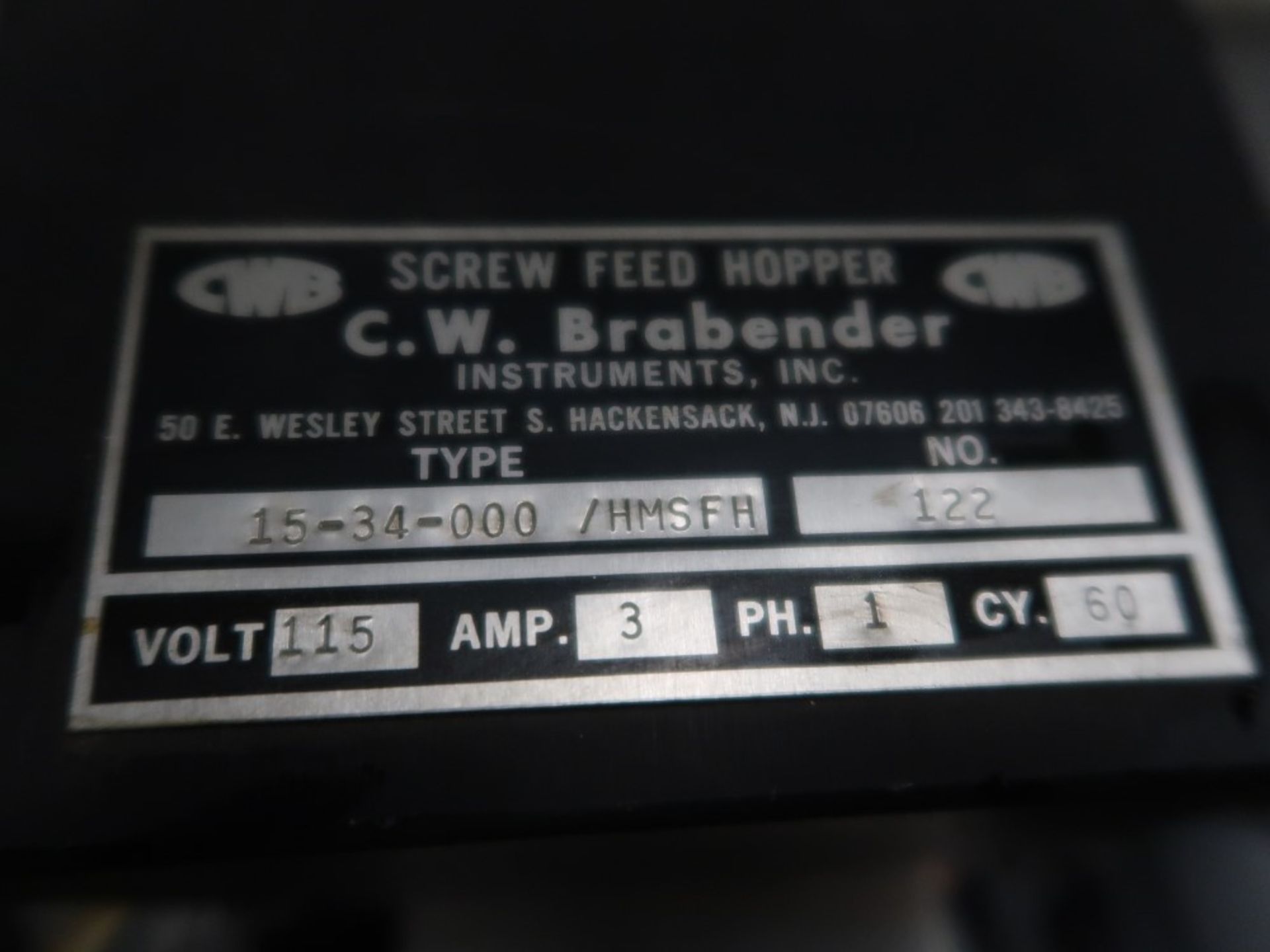 CW Brabender Screw Feed Hopper Model 15-34-000/HMSFH S/N 122 - Image 5 of 5