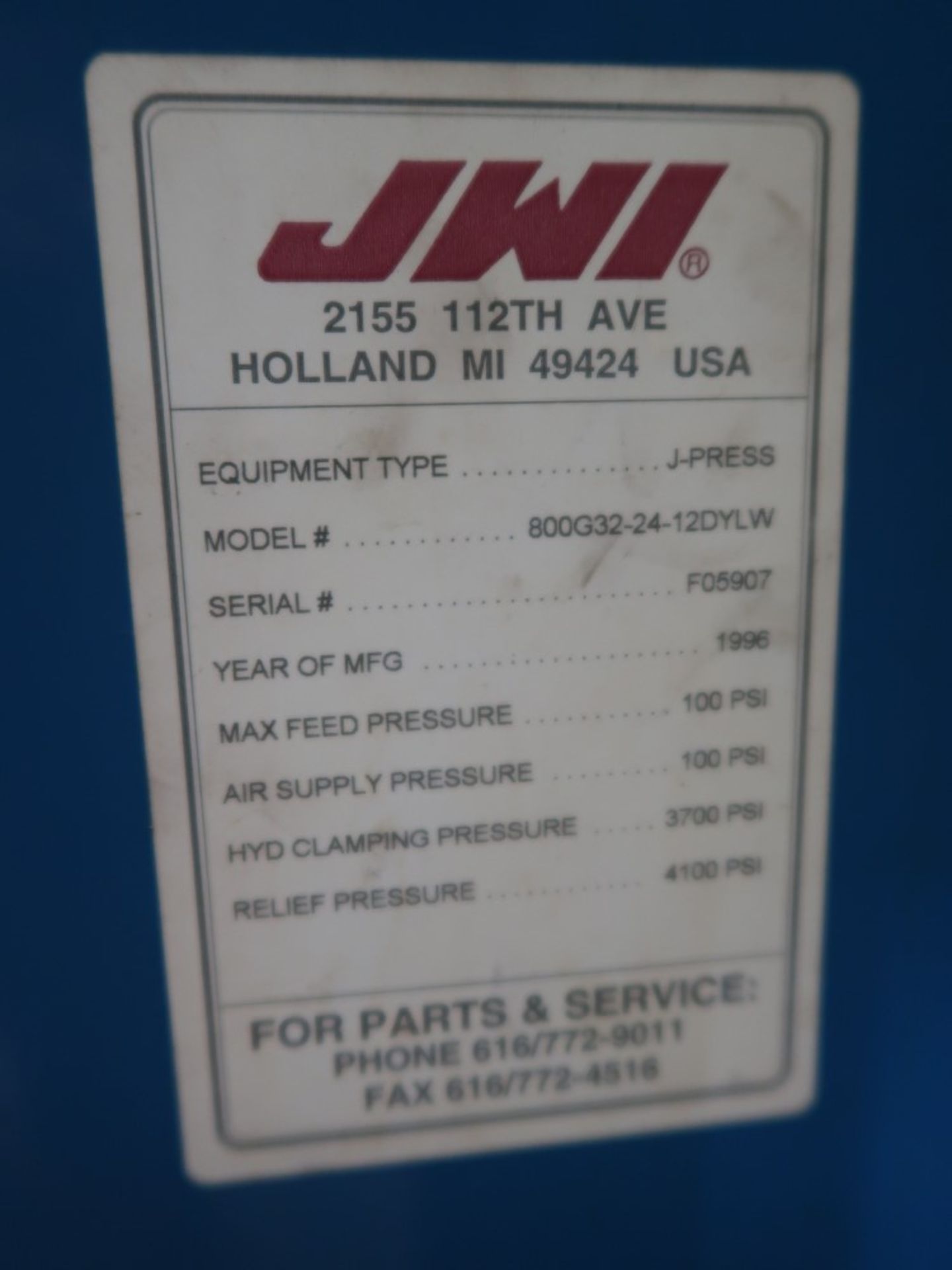 JWI J Press Filter Press Model 800G32-24-12DYLW S/N F05907 Max Feed Pressure 100 PSI, Air Supply - Image 8 of 8