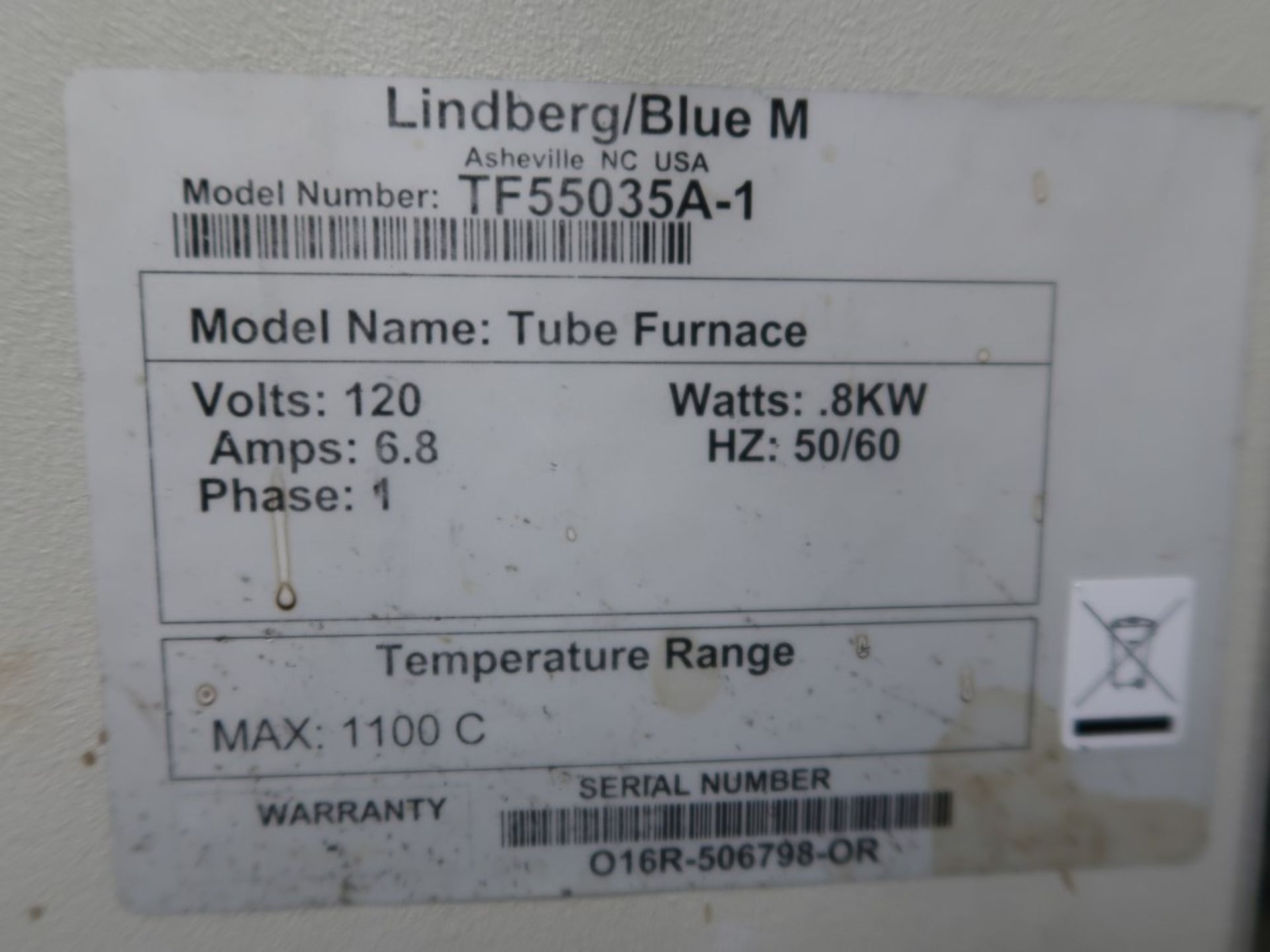 Lindberg/Blue M Electric Tube Furnace Model TF55035A-1, S/N 016R-506798-OR, Max Temp 1100 Degrees C - Image 4 of 4