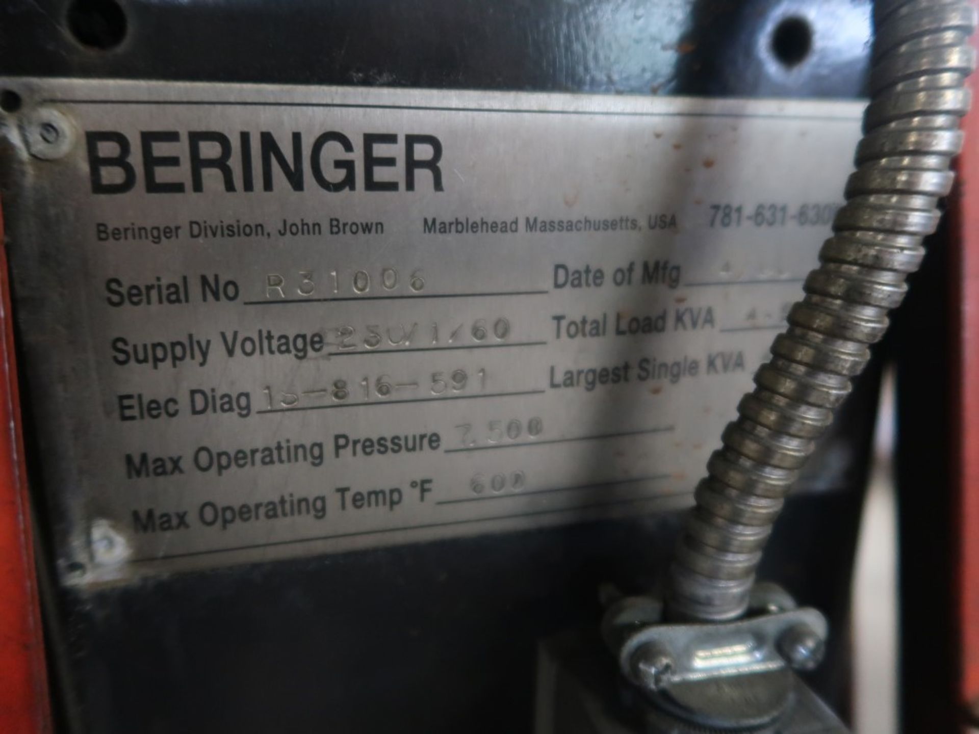 Beringer 3 1/2 Screen Changer Model 1228-M-315 S/N R31006 Max Operating Pressure 7,500, Max - Image 6 of 6