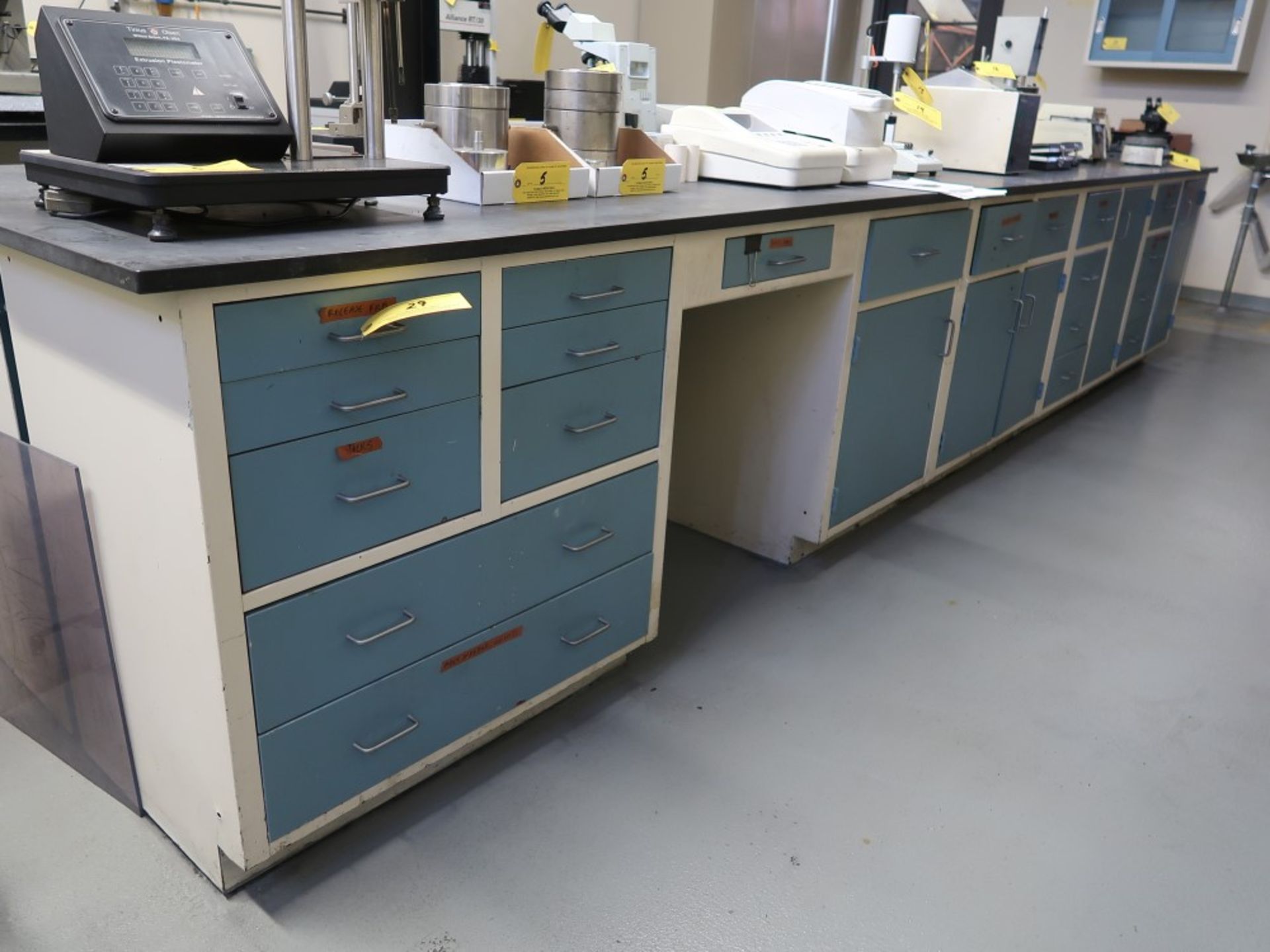 (2) Sets of 24" x 16' Lab Benches/Cabinets w/ (2) Wall Mounted Lab Glassware Cabinets