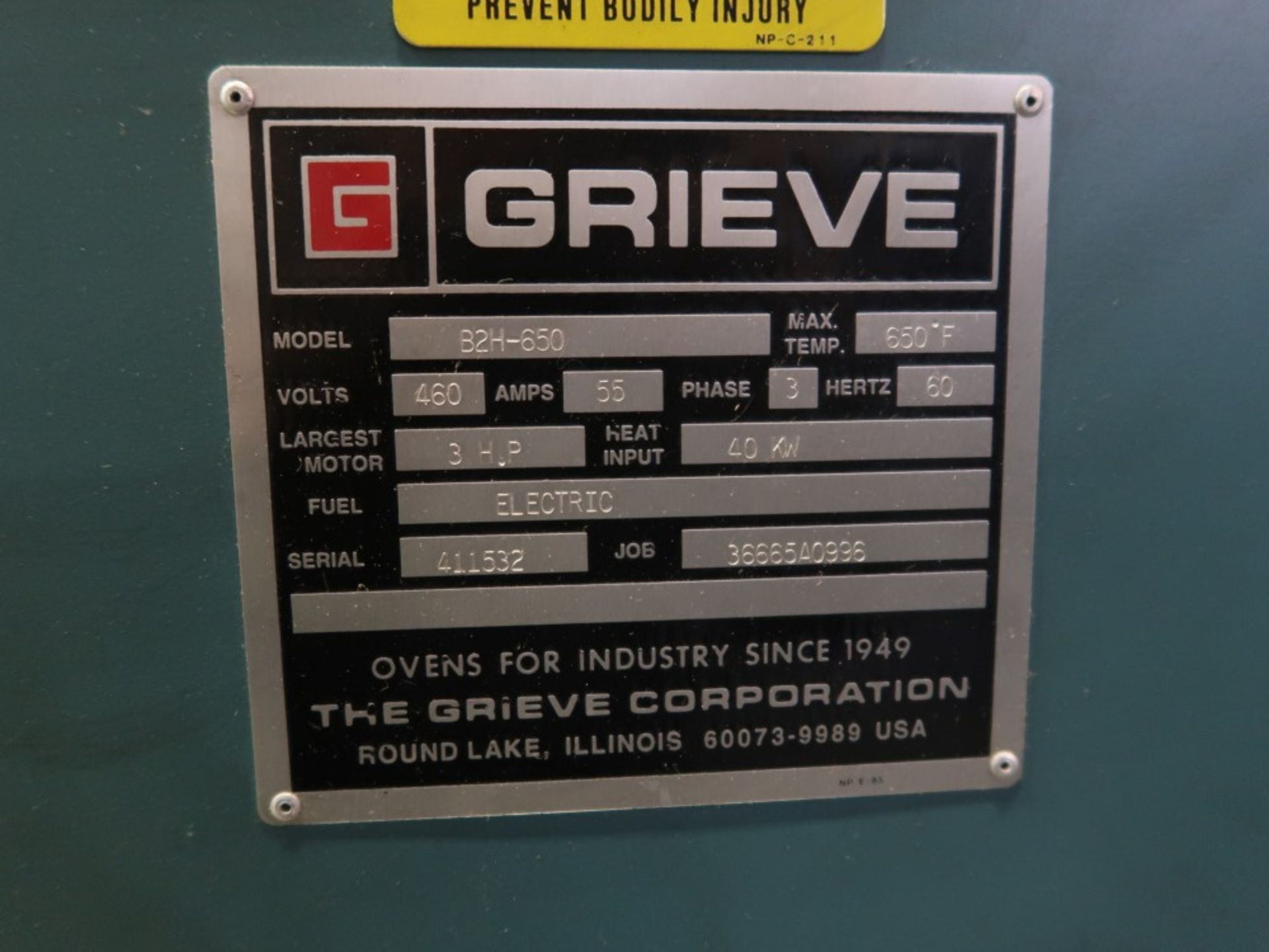 Grieve Model B2H-650 Electric Oven S/N 411532, 2-Door, 54" W x 72" H x 88" D, Max Temp 650 Degrees - Image 8 of 8