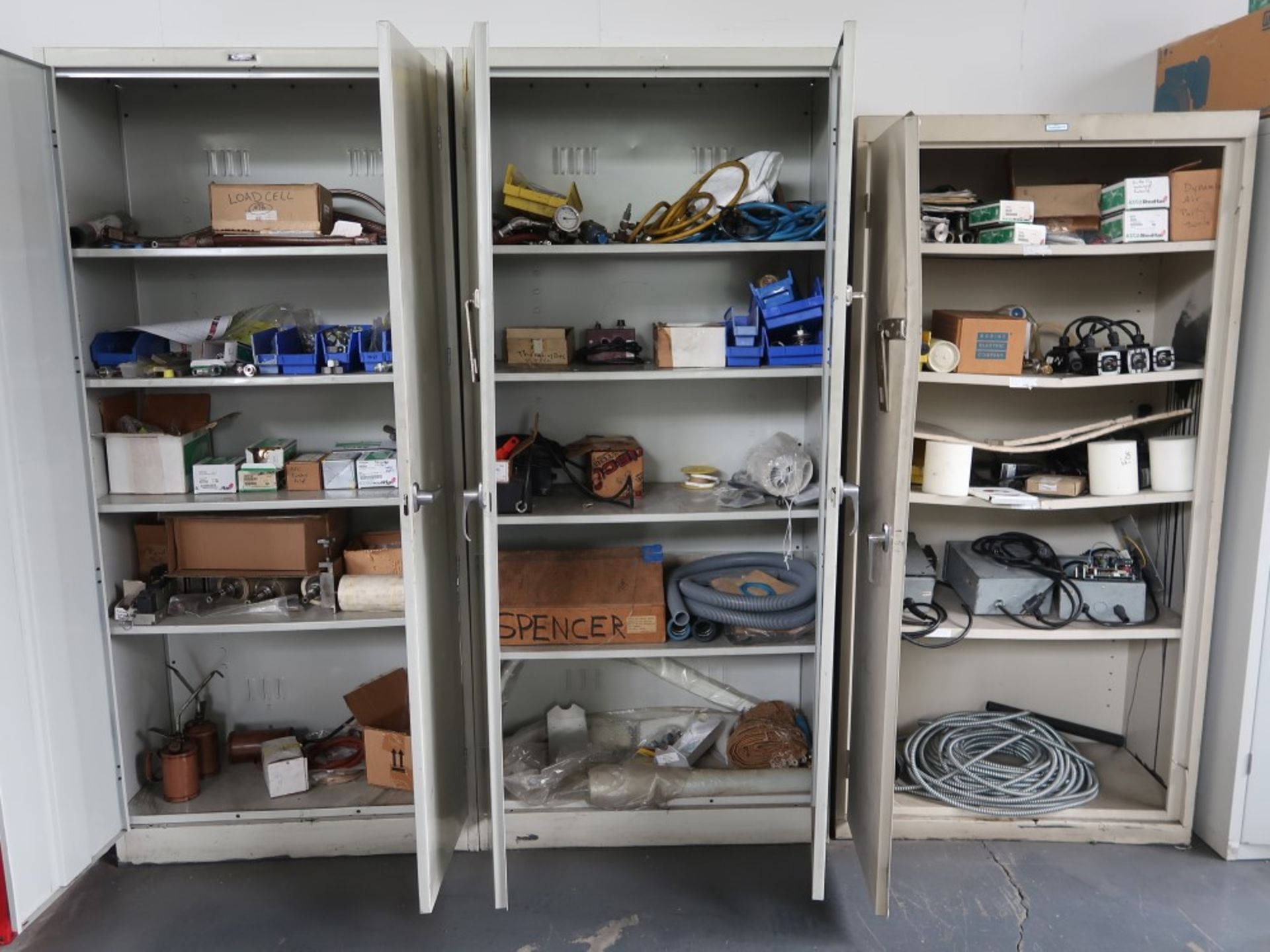 (5) Metal Storage Cabinets w/ Contents Including: Nuts, Bolts, Speed Controld, Bodine Electric