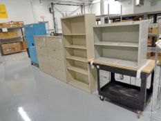 Lot of (2) Metal Shelves, Cart, (2) Lateral Filing Cabinets