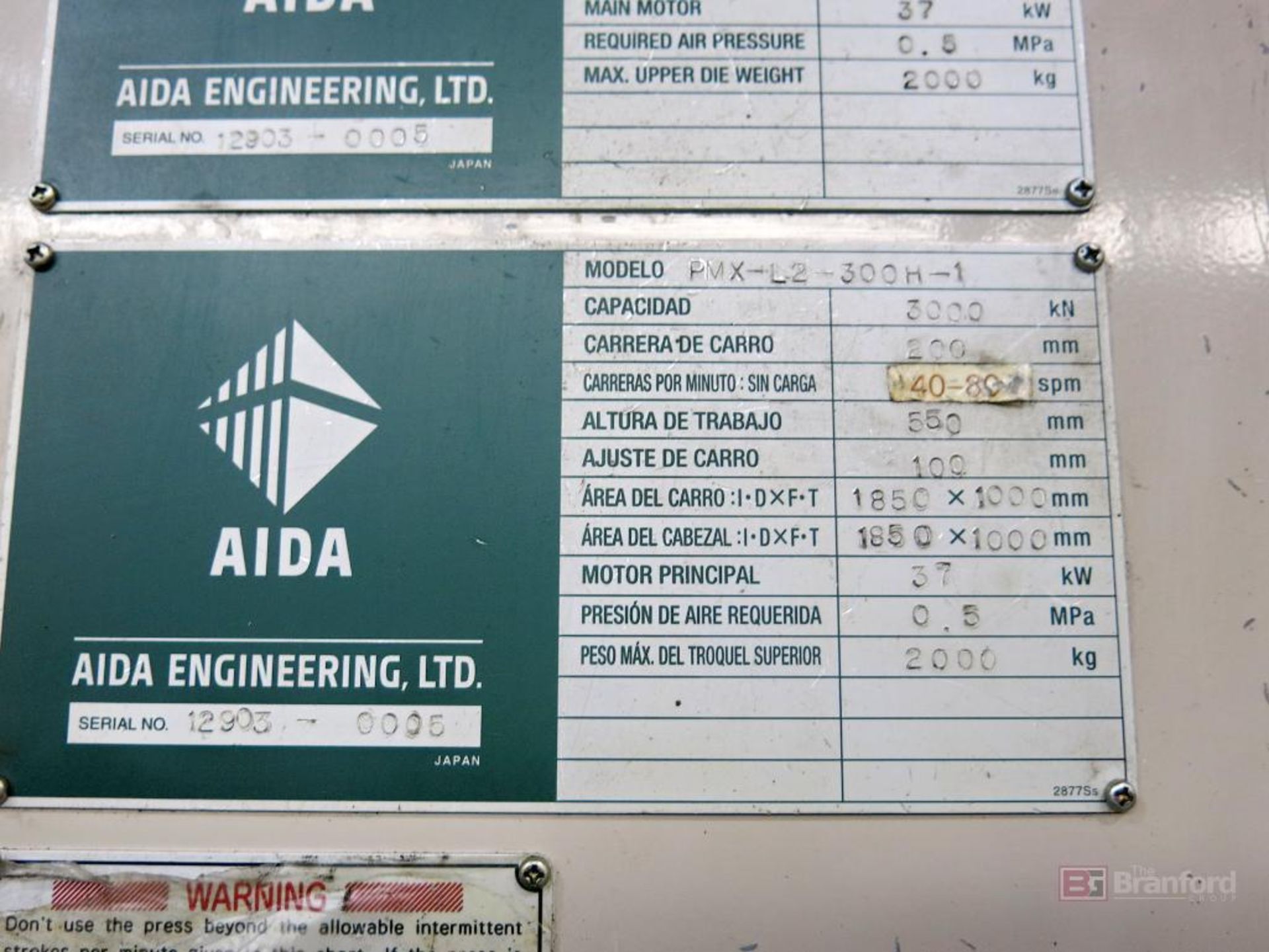 330-Ton Aida PMX-L2-3000(1) Straight Side Double Crank Press - Image 9 of 10