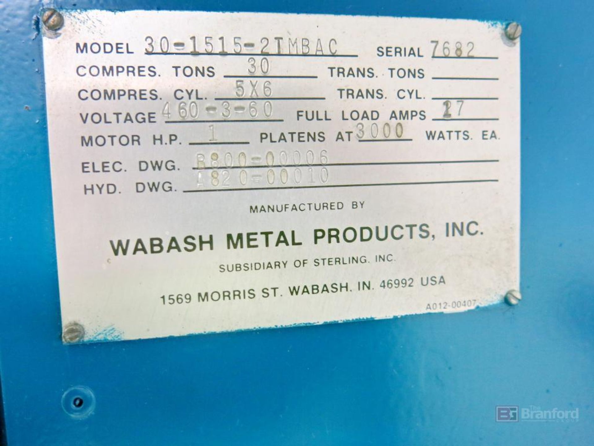 Wabash Model 30-1515-2TMBAC 30-Ton Cap. Heated Press - Image 2 of 2