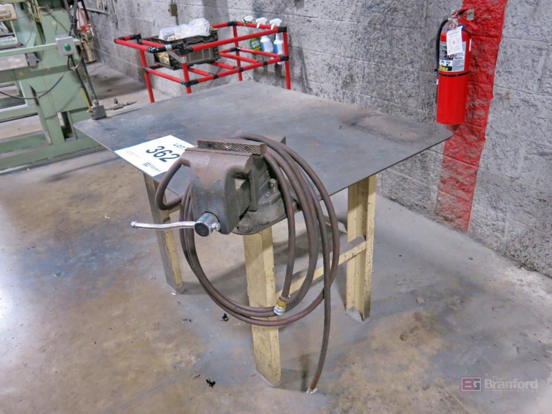 Lot of Heavy Duty Steel Layout Table, Vise, 2-Door Cabinet, Parts Bins and Contents, Shelving Unit - Image 2 of 4