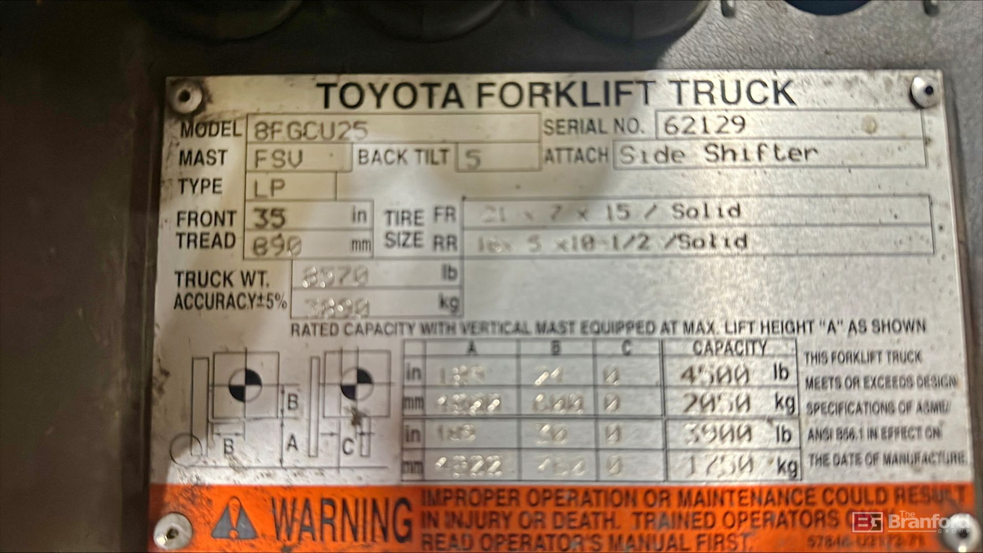 Toyota 4500-Lb Cap. Model 8FGCU25 Forklift - Image 6 of 6