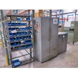 Lot of Heavy Duty Steel Layout Table, Vise, 2-Door Cabinet, Parts Bins and Contents, Shelving Unit