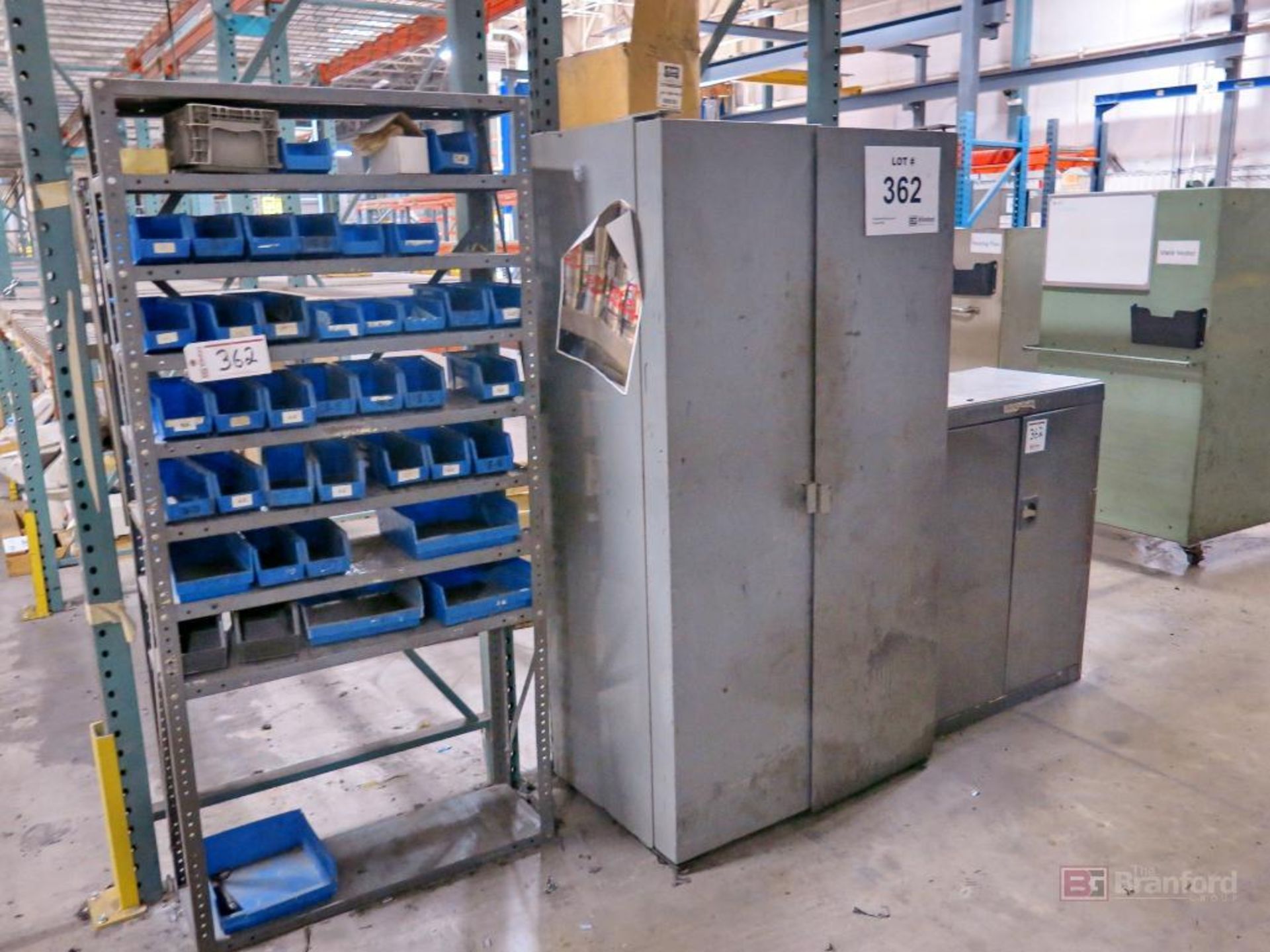 Lot of Heavy Duty Steel Layout Table, Vise, 2-Door Cabinet, Parts Bins and Contents, Shelving Unit