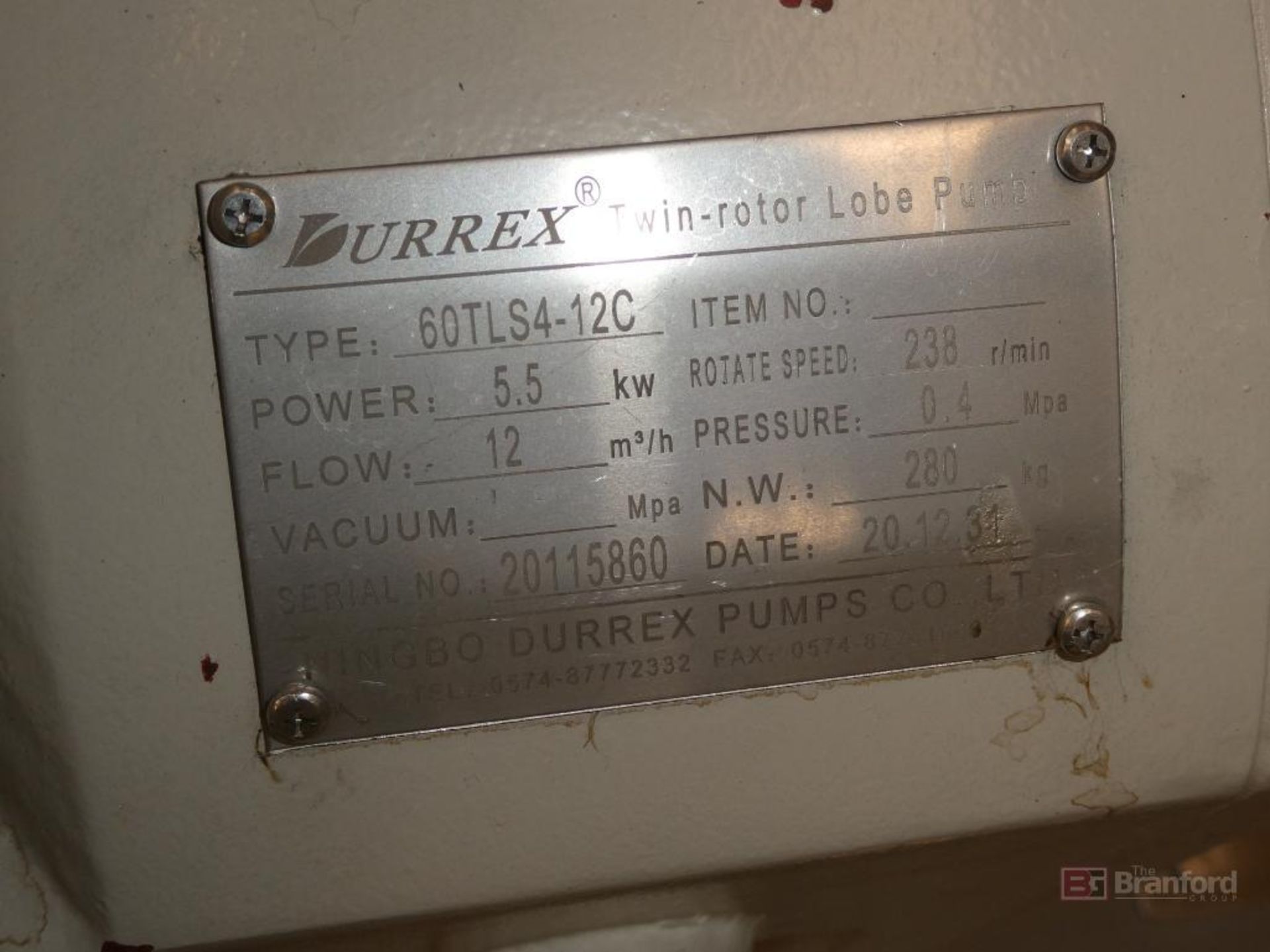 Durrex Type 60TLS4-12C, 5.5KW Twin Motor Lobe Pump - Image 4 of 6