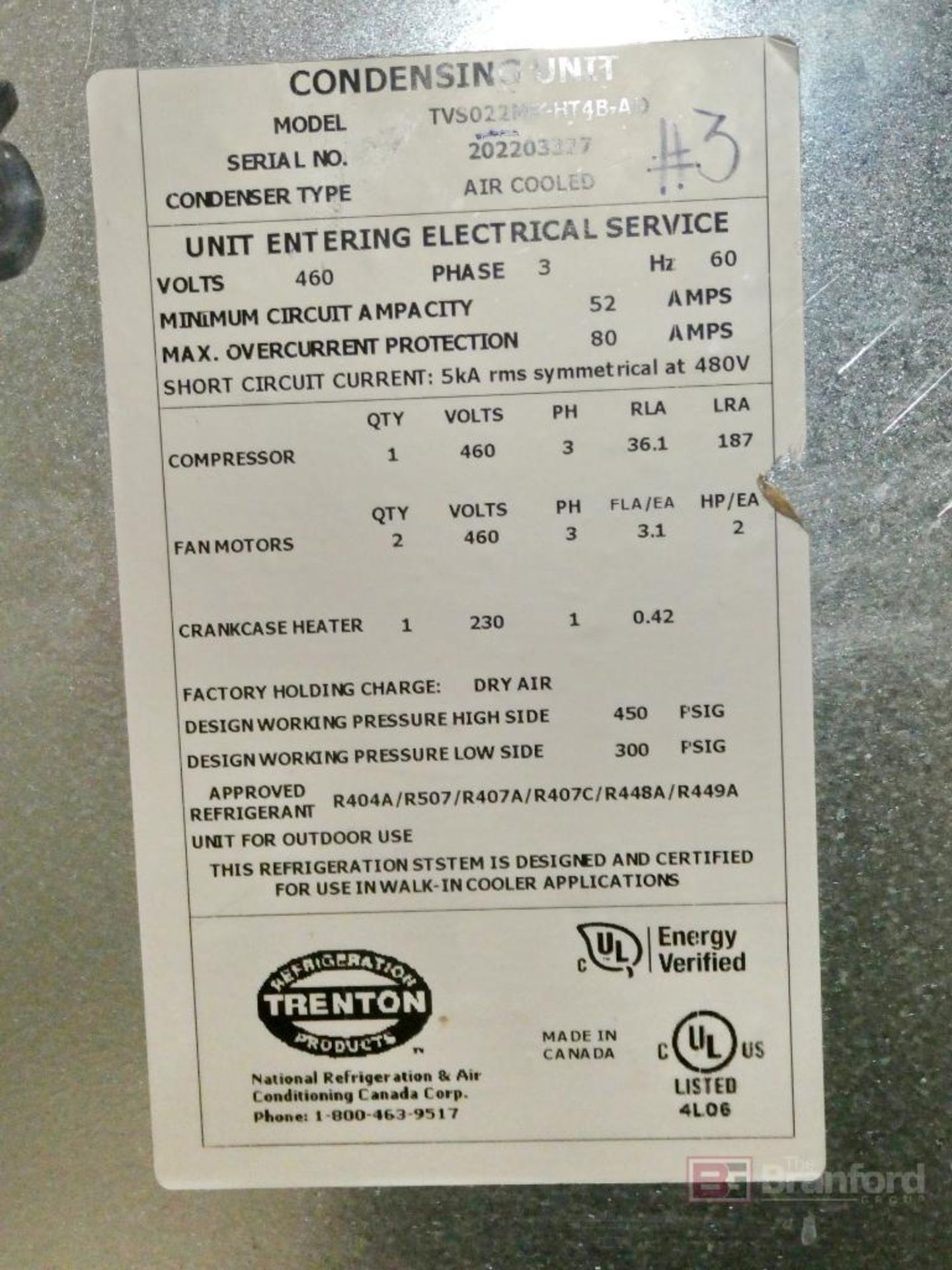 Trenton Model TVS022M8-HT4B-AD, Air Cooled Condensing Unit - Image 5 of 9