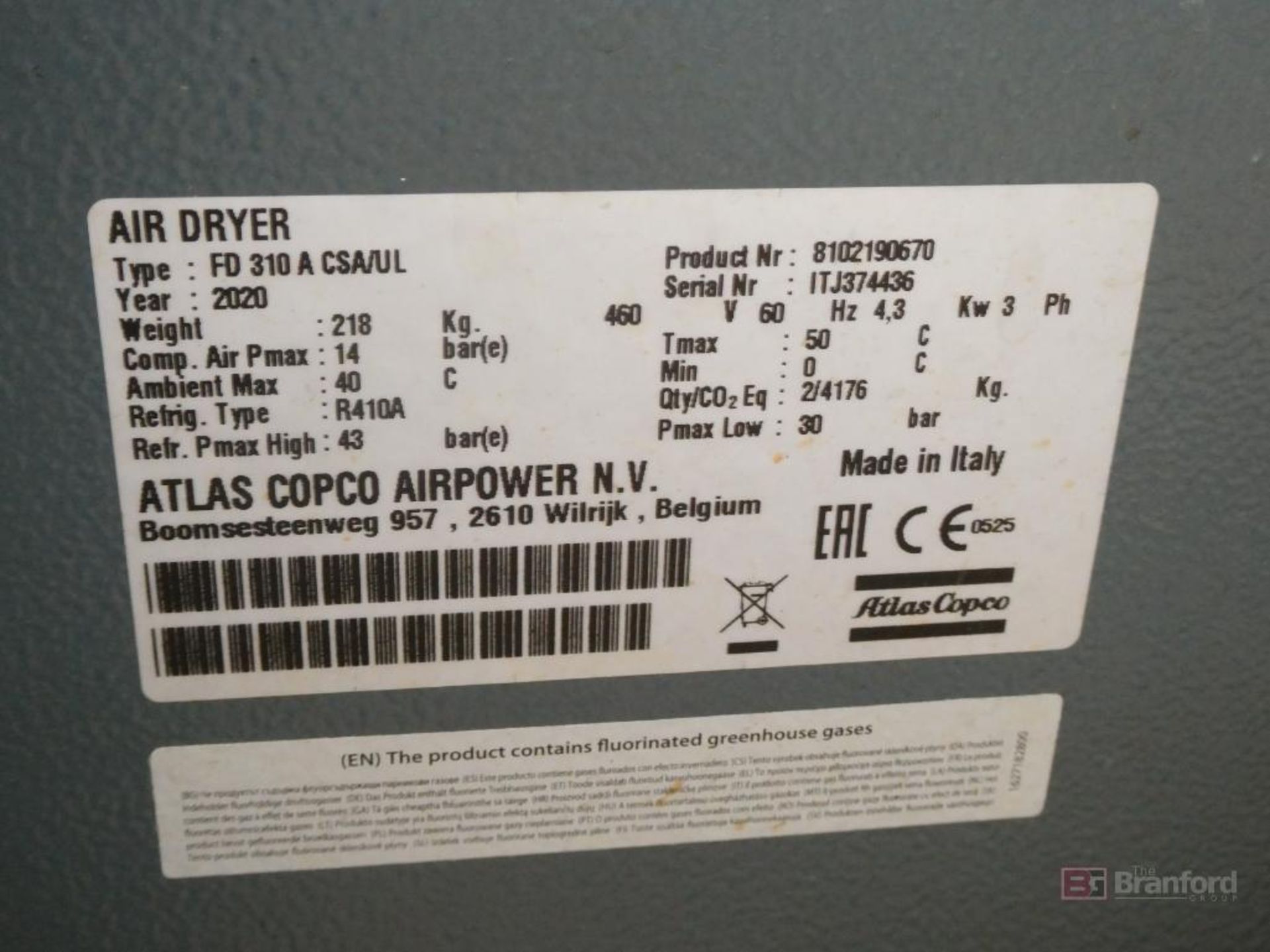 2020 Atlas Copco Model FD310A CSA/UL, Air Dryer - Image 4 of 5