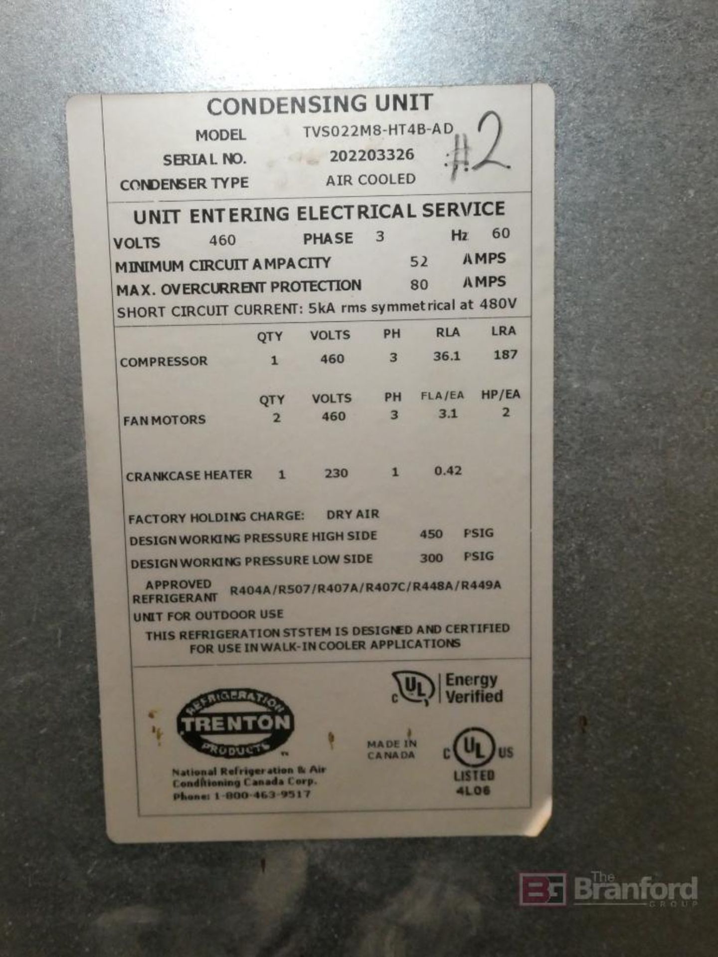 Trenton Model TVS022M8-HT4B-AD, Air Cooled Condensing Unit - Image 9 of 11