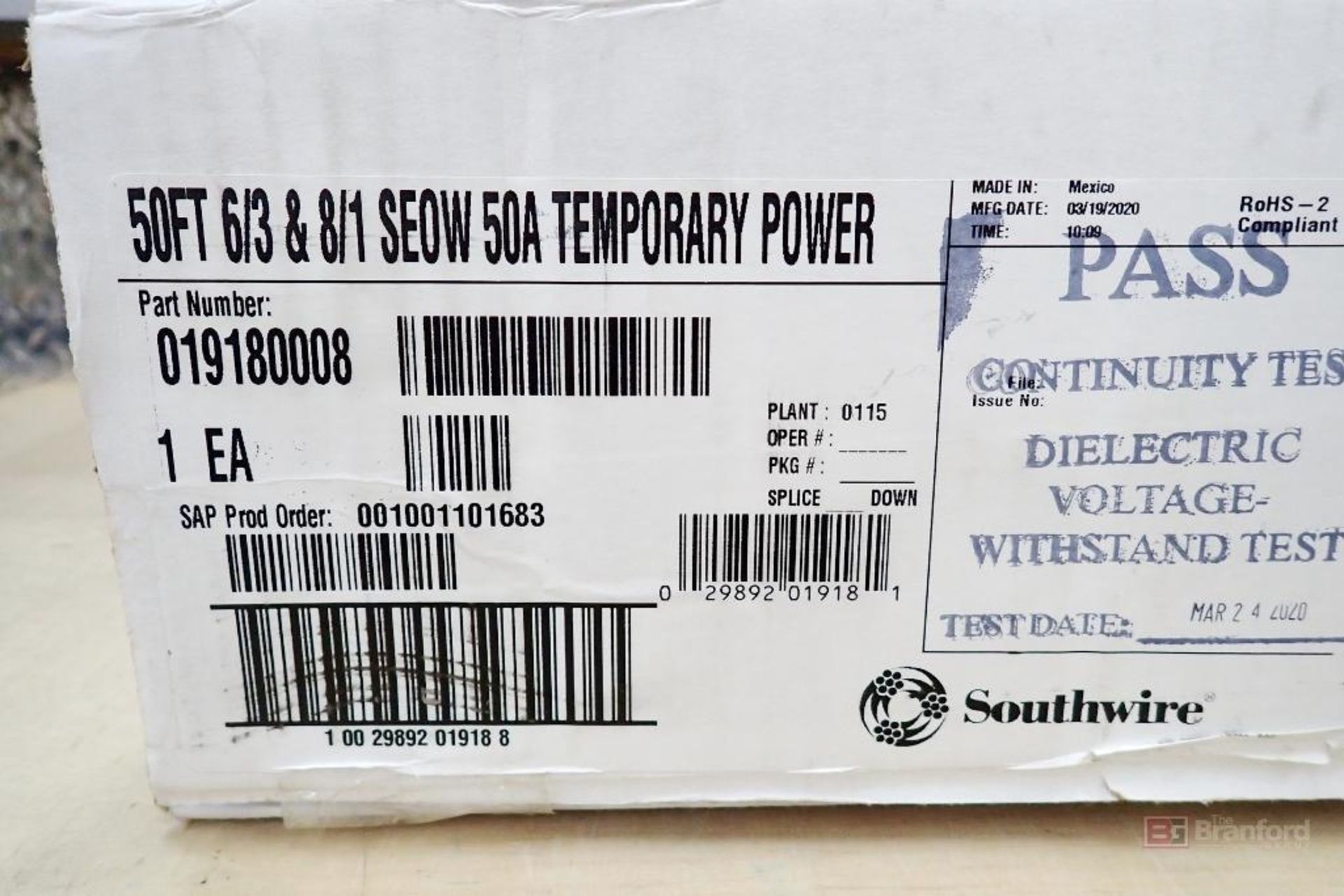 Southwire P/N 19180008 50Ft, 6/3 & 8/1 SEOW 50A Temporary Power Extension Cord - Image 2 of 5