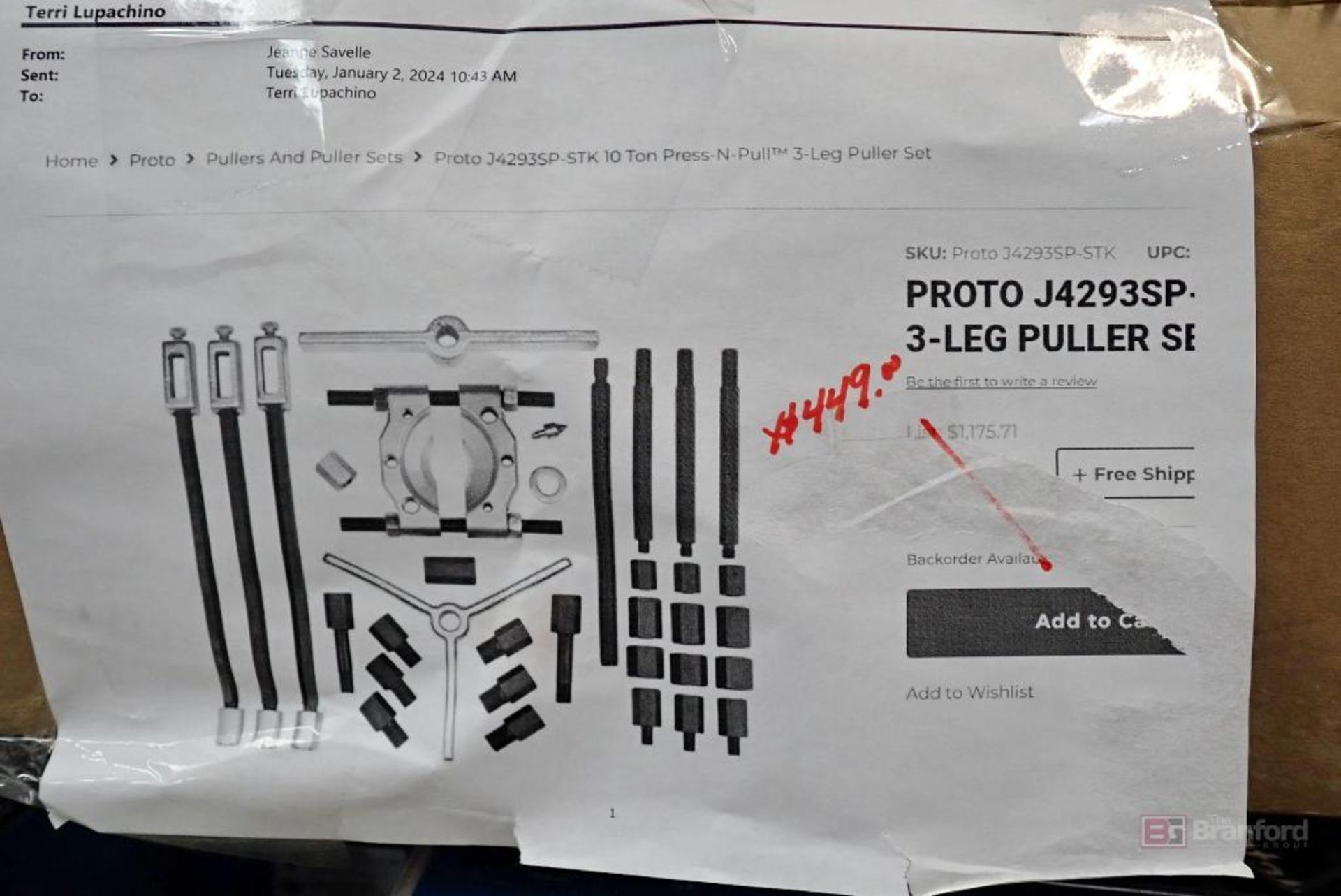 Proto J4293SP 3-Leg Puller Set - Image 3 of 6