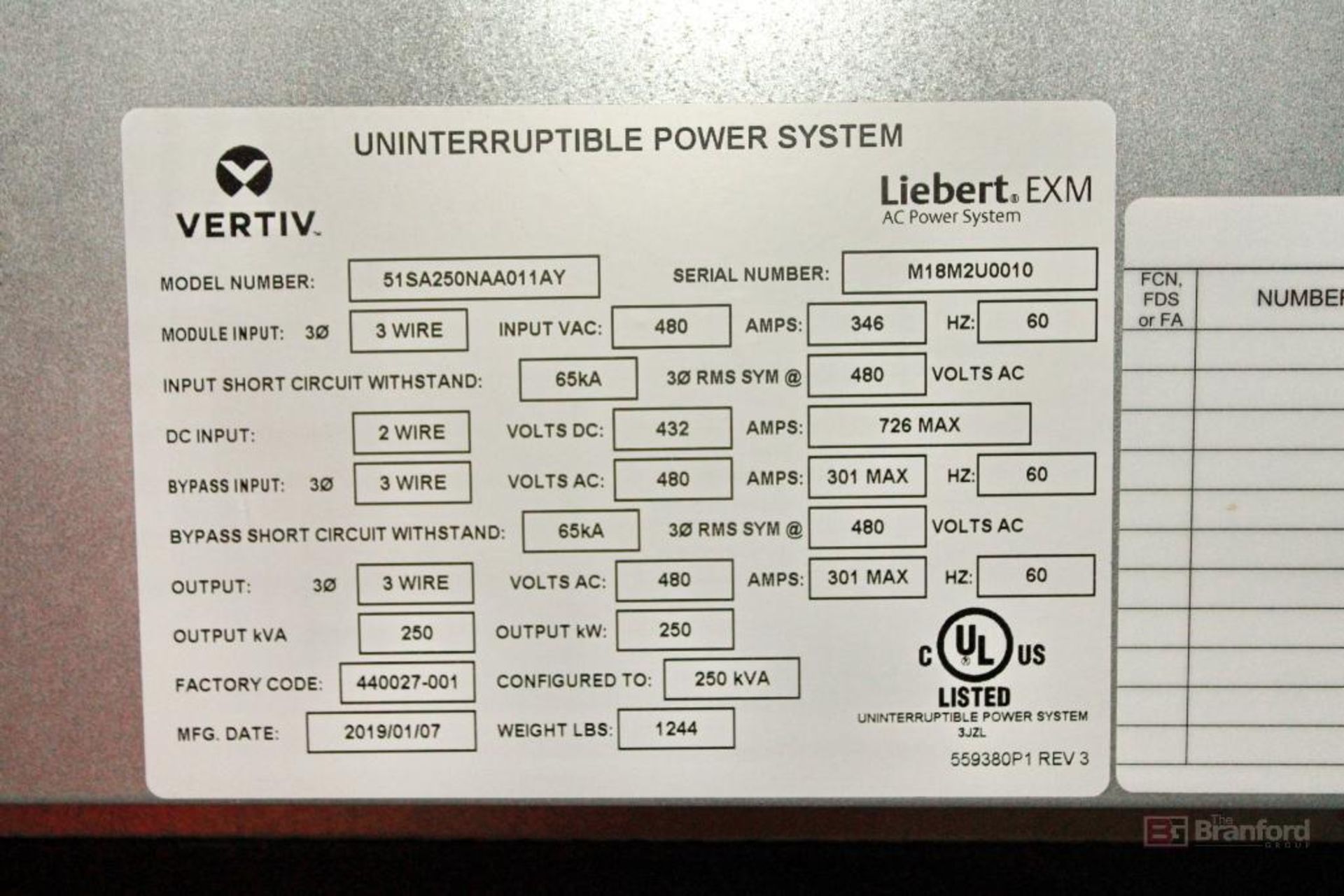 Vertiv Liebert EXM 51SA250NAA011AY 250-kVA AC Power UPS System, (2018/2019) - Image 11 of 16