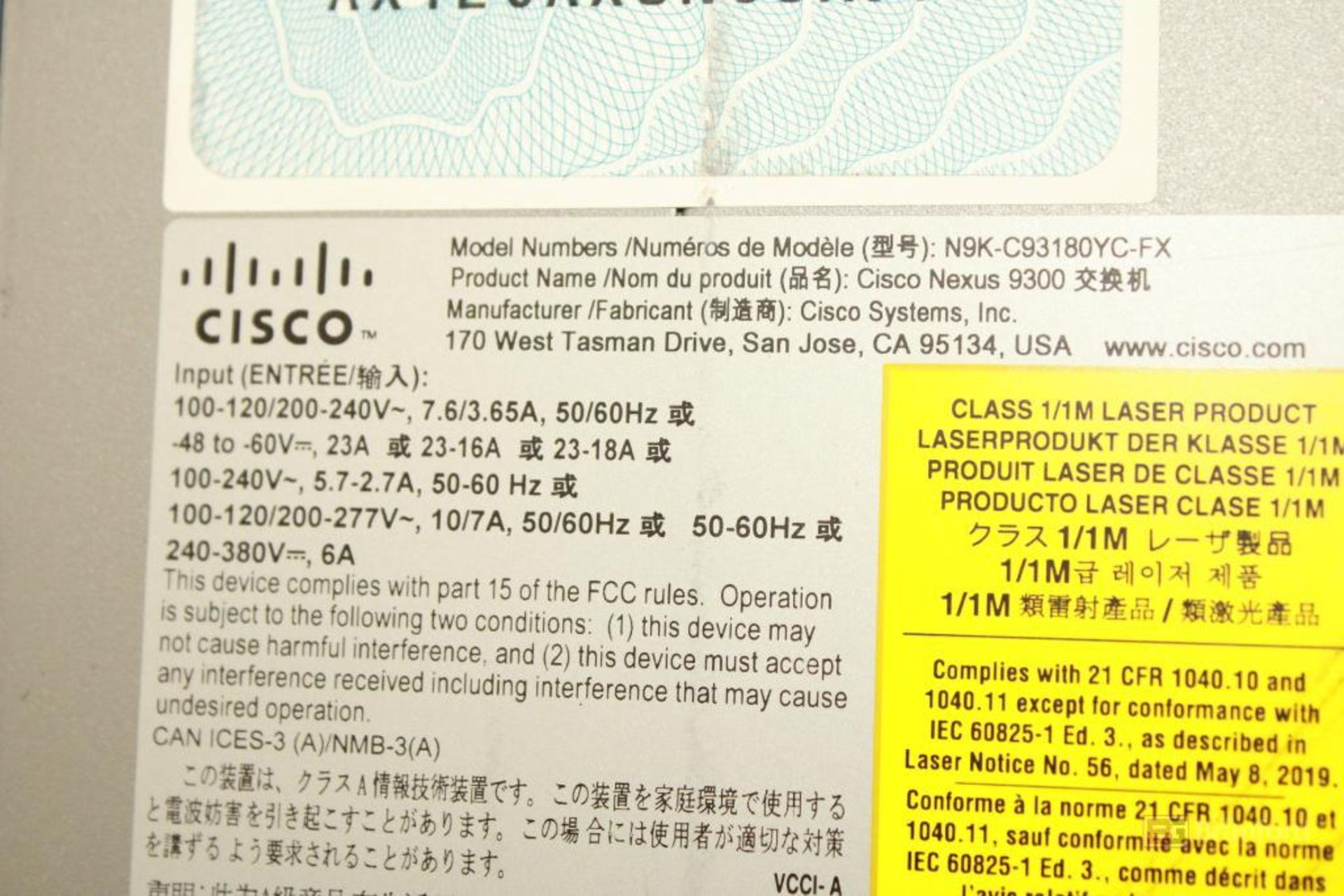 (3) Cisco N9K-C93180YC-FX Nexus 9300 Switch, Cisco Gigabit Ethernet - Image 4 of 5