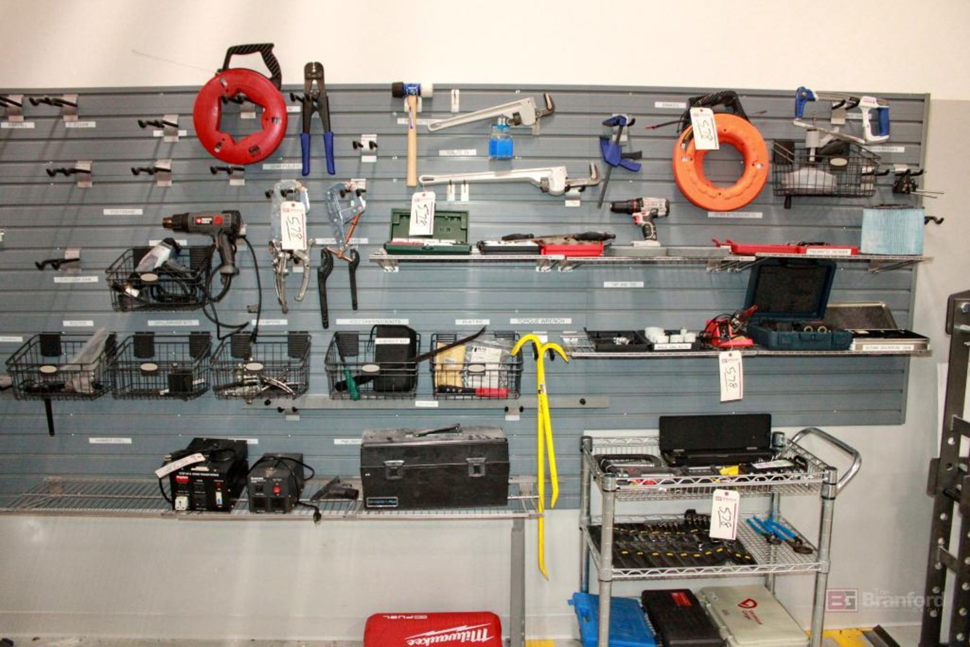 Contents of Tool Wall, with cart of tools