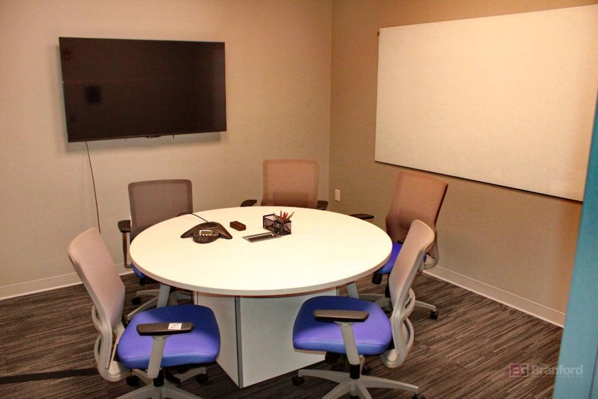 Office Area, Round Table, (5) Chairs, White Board, & Sharp Flatscreen TV