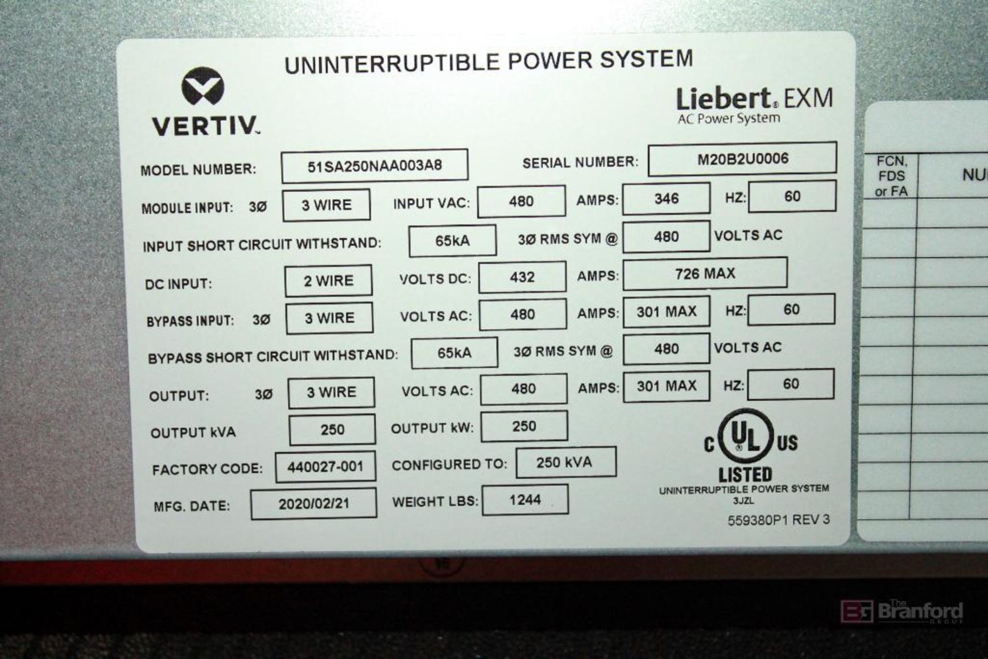 Vertiv Liebert EXM 51SA250NAA003A8 250-kVA AC Power UPS System, (2020) - Image 13 of 19