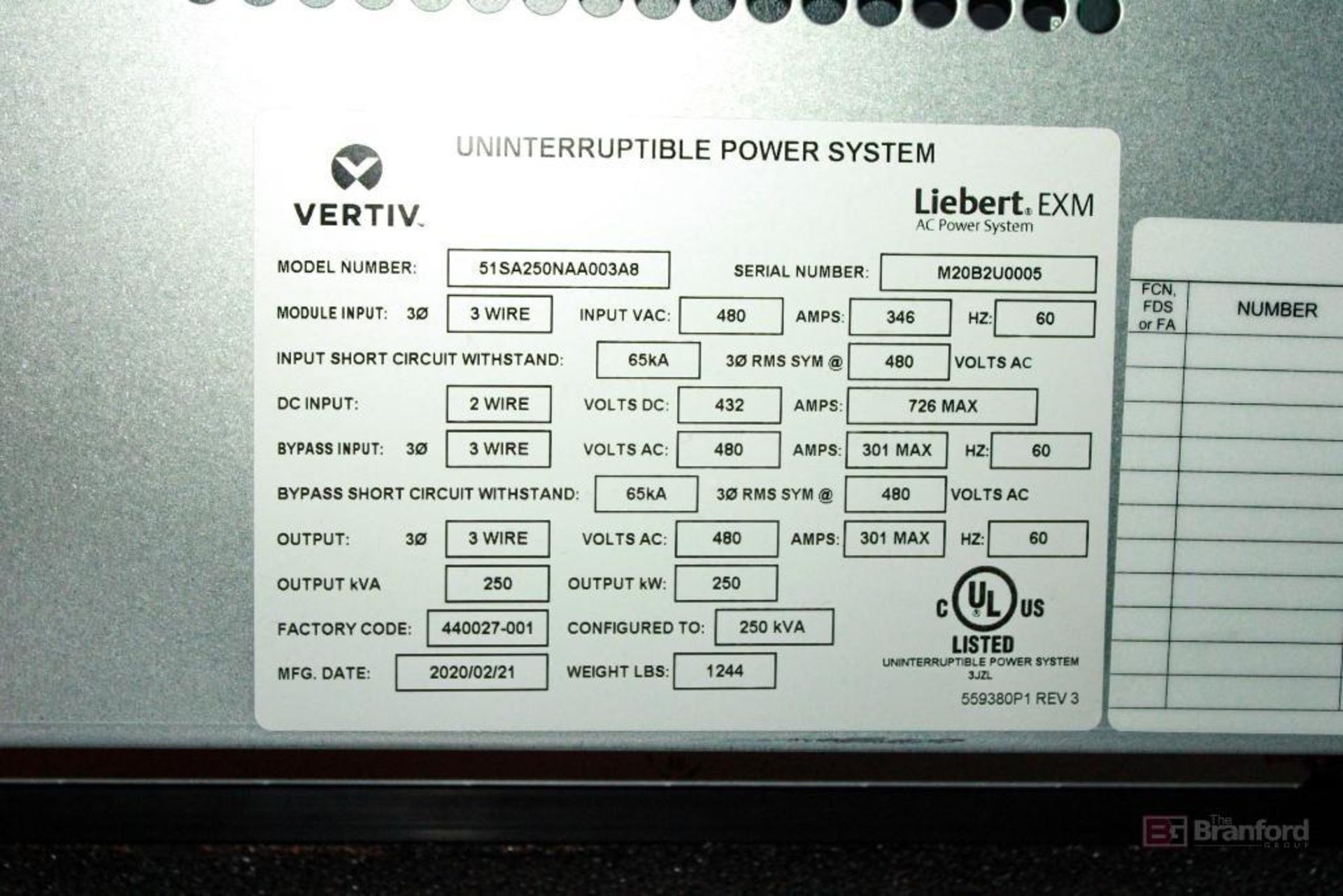 Vertiv Liebert EXM 51SA250NAA003A8 250-kVA AC Power UPS System, (2020) - Image 12 of 17