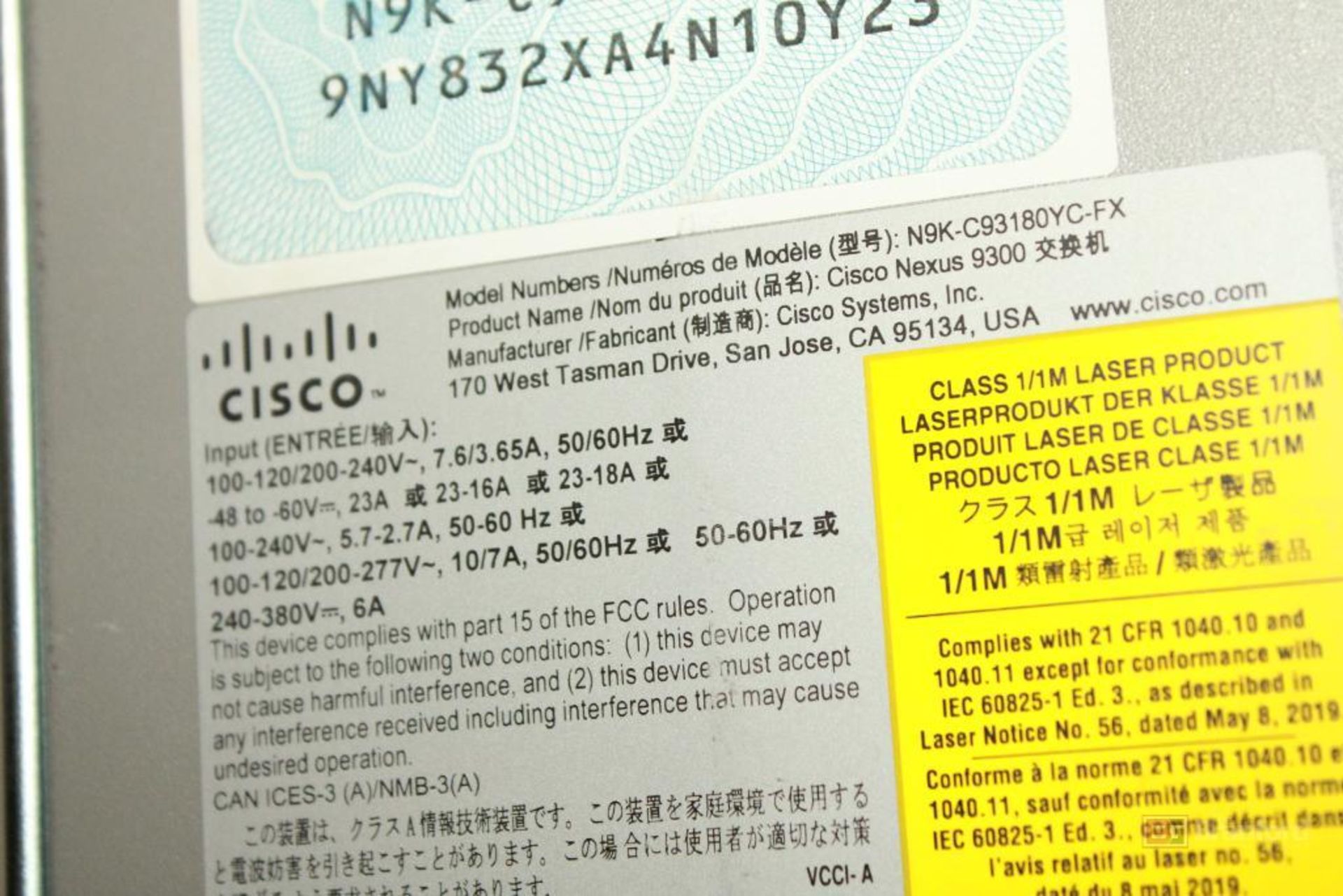 Cisco Nexus 9300, Model N9K-C93180YC-FX, Cisco Switch - Image 2 of 3