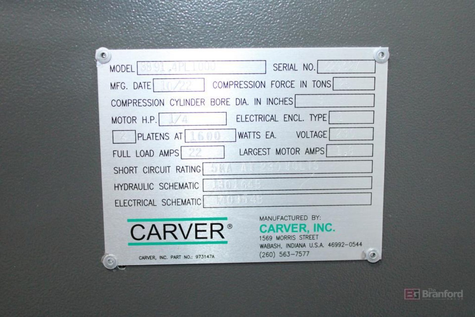 Carver Auto Plus Series 25-Ton Press (2022) Model 3891.4PL1000 - Image 3 of 8