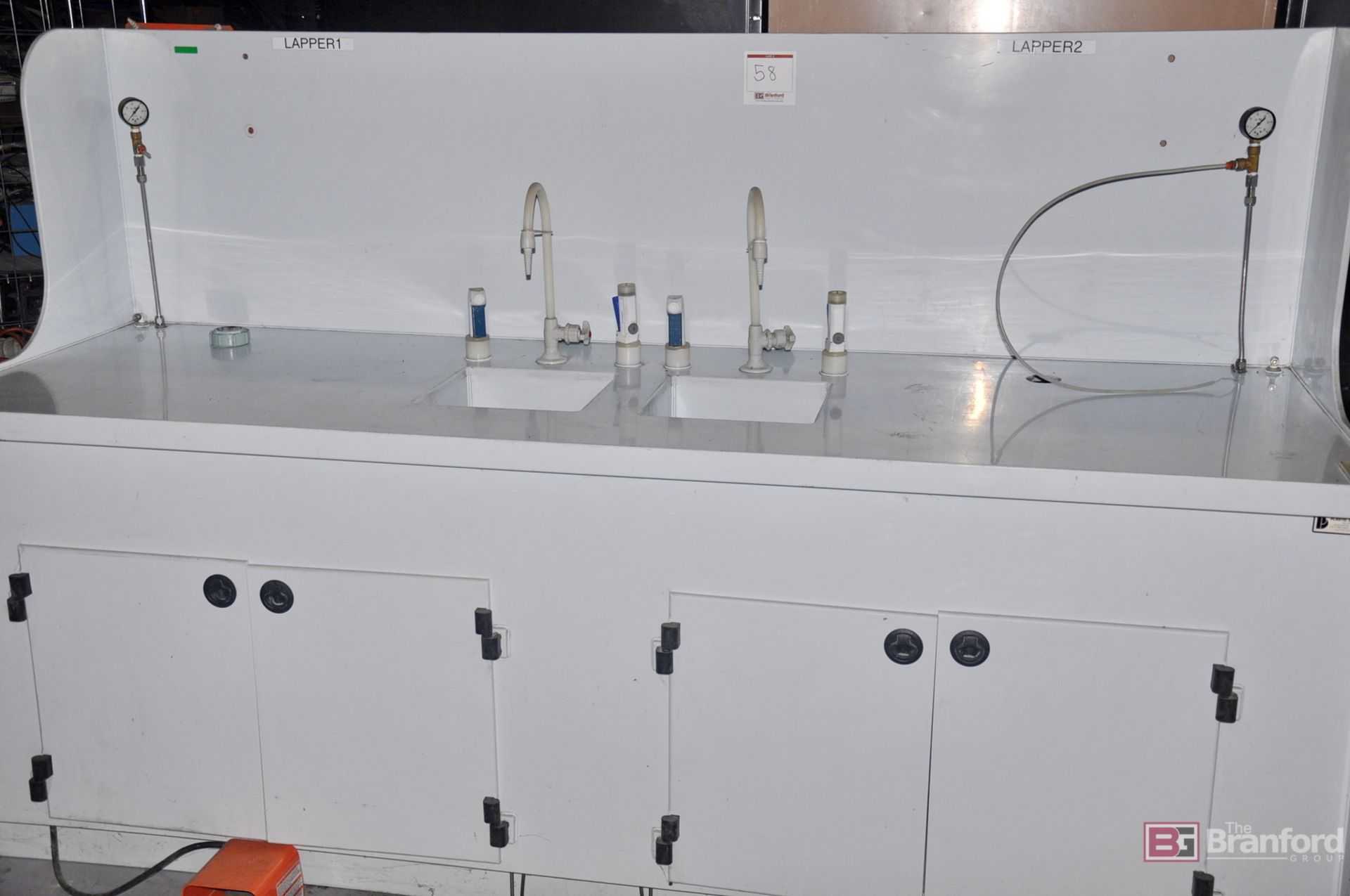Dual Poly sink, w/ work space foot controllers & cabinets - Image 2 of 6