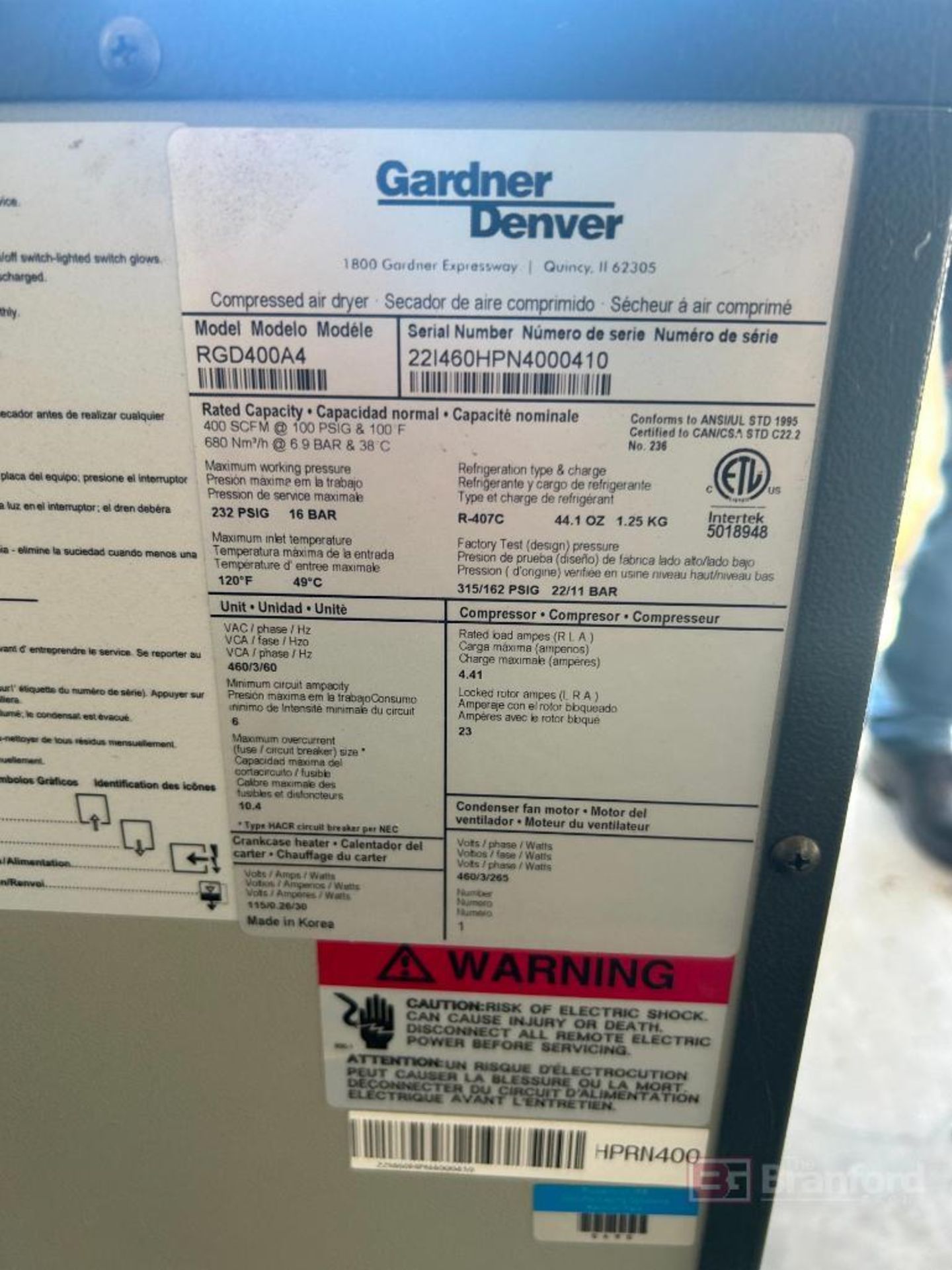 Gardner Denver Model: RGD1000A4 Air Dryer; SN: 22D460HGN100002245 - Image 3 of 3
