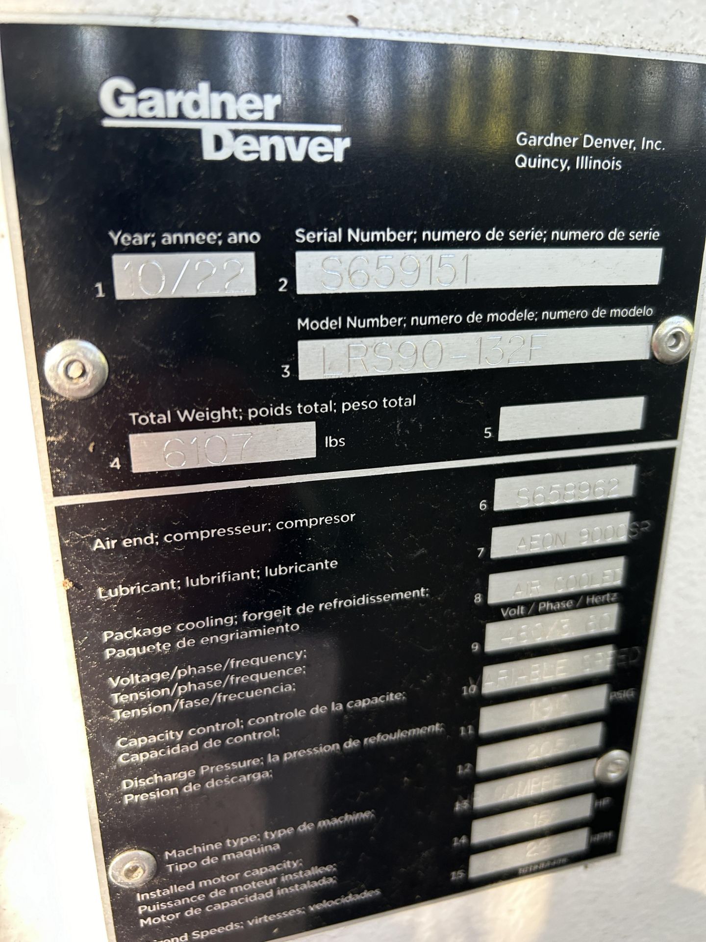 Gardner Denver Model: LRS90-132F Variable Speed Screw Compressor; Date: 10/2022 - Image 4 of 4