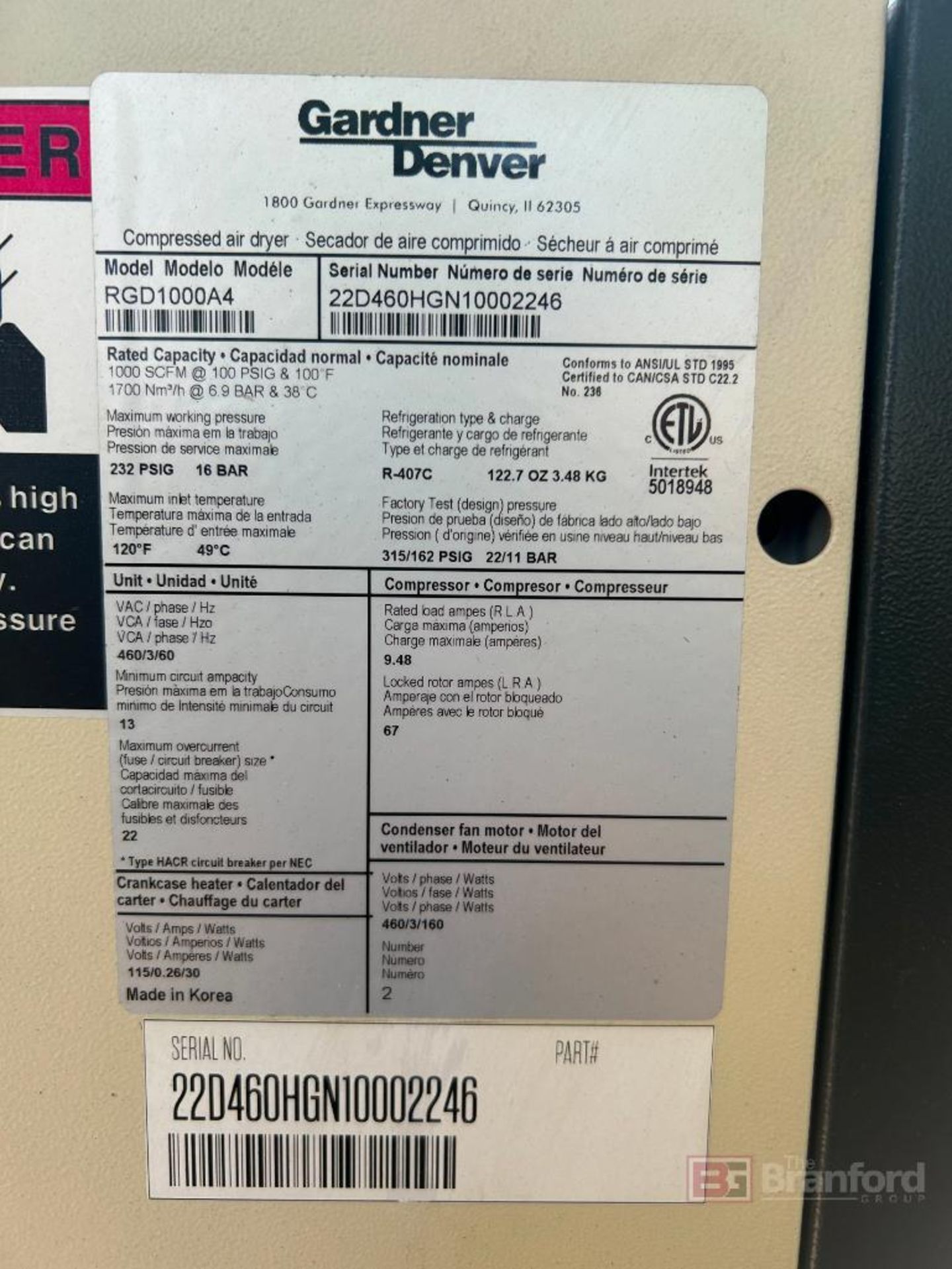 Gardner Denver Model: RGD1000A4 Air Dryer; SN: 22D460HGN100002246 - Image 4 of 4