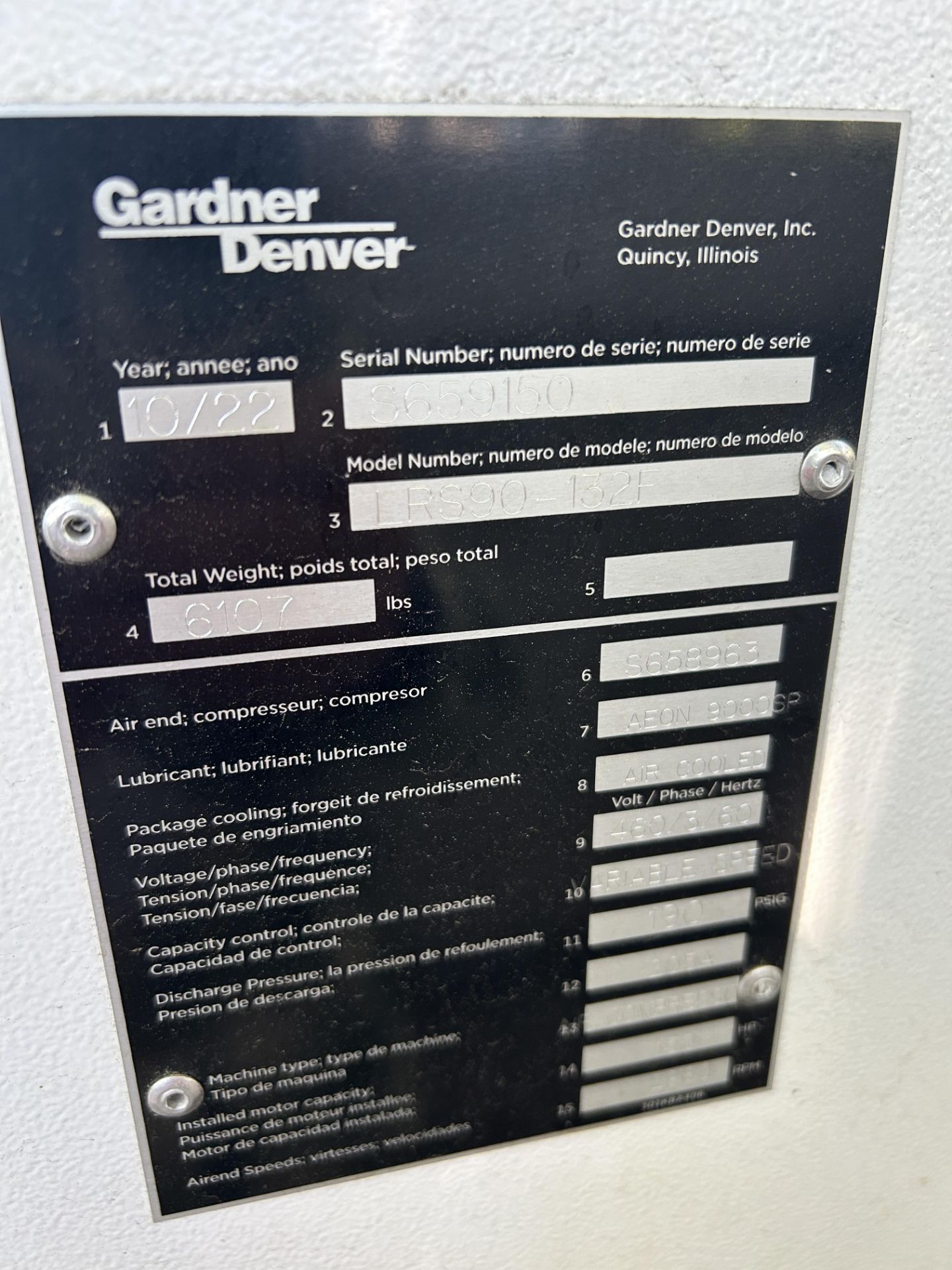 Gardner Denver Model: LRS90-132F Variable Speed Screw Compressor; Date: 10/2022 - Image 3 of 4