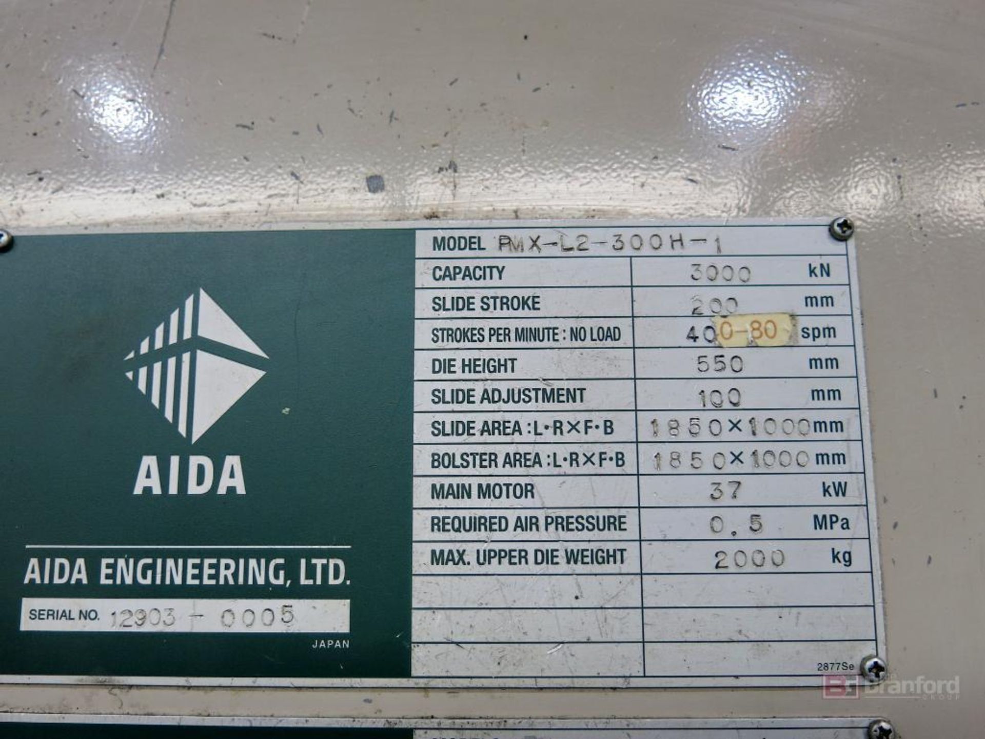 330-Ton Aida PMX-L2-3000(1) Straight Side Double Crank Progressive Die Mechanical Press, (Yr 2017) - Image 7 of 9