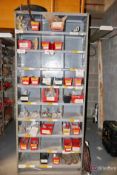Shelving unit and contents inc hooks, clamps, bearings, valves, couplings, etc