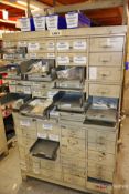 Shelving unit and contents inc chains, fittings, screws, nuts, jacks, parts, etc