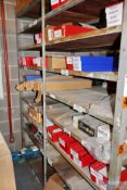 Shelving unit and contents inc tie rods, grinding wheels, filters, valves, motors, springs, etc