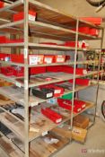 Shelving unit and contents inc lugs, face shields, VIT equipment, bins