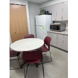 Contents of Break Room Including: Round Table & (4) Plastic Chairs, (1) Panasonic Microwave, Maytag