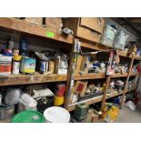 Contents of Shelving Unit (NOT SHELF) Including: Paint, Auto Fluid, Bearings, Welding Rods, Used Alt