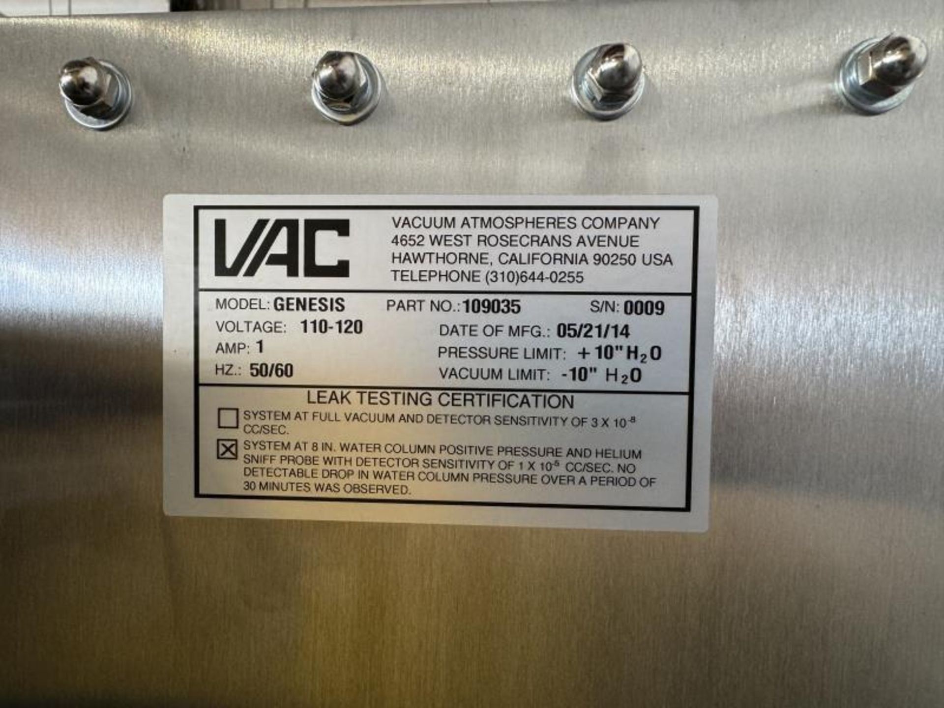 Vac Genesis Glovebox SN: 0009, Date: 5/21/2014 - Image 7 of 7