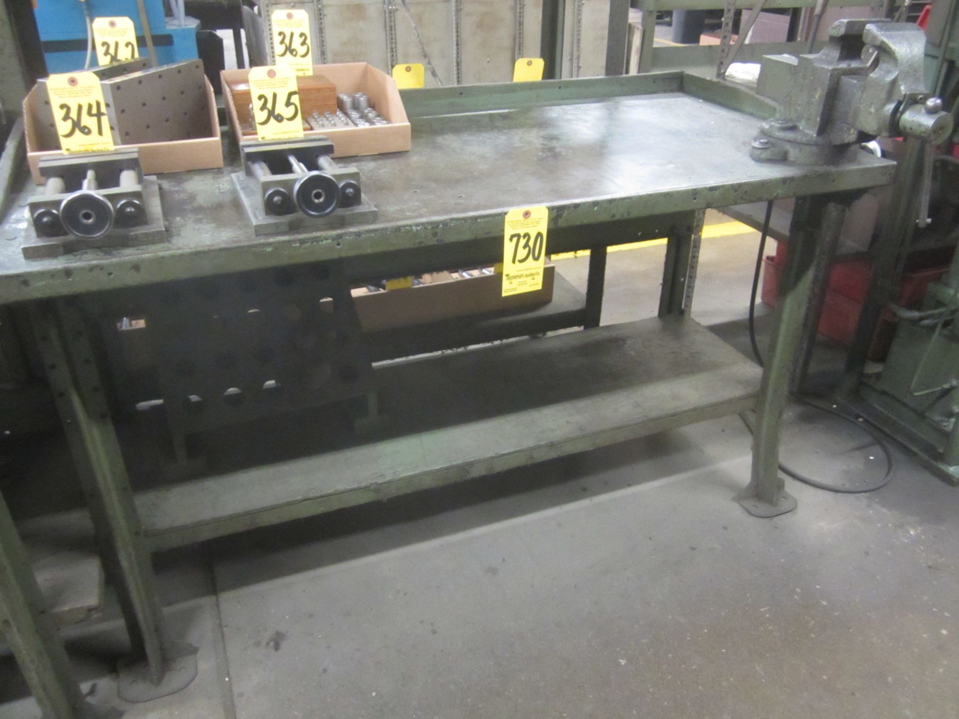 Metal Shop Table, with Bench Vise, 28" X 60" X 34" High - No Contents in Photo