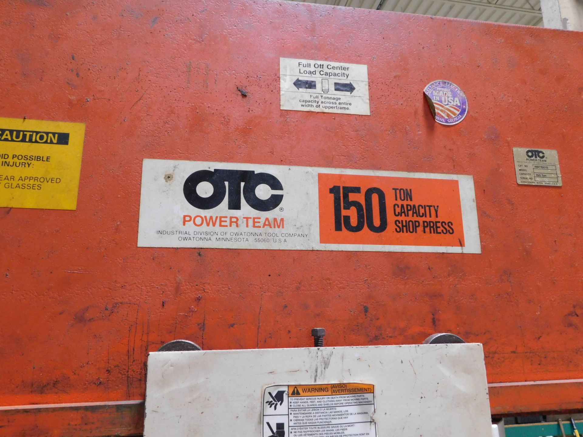 OTC Model RBF15015 H- Frame Rolling Bed Hydraulic Shop Press, s/n 1065, 150 Ton cap., 3 HP, 230/ - Image 8 of 11